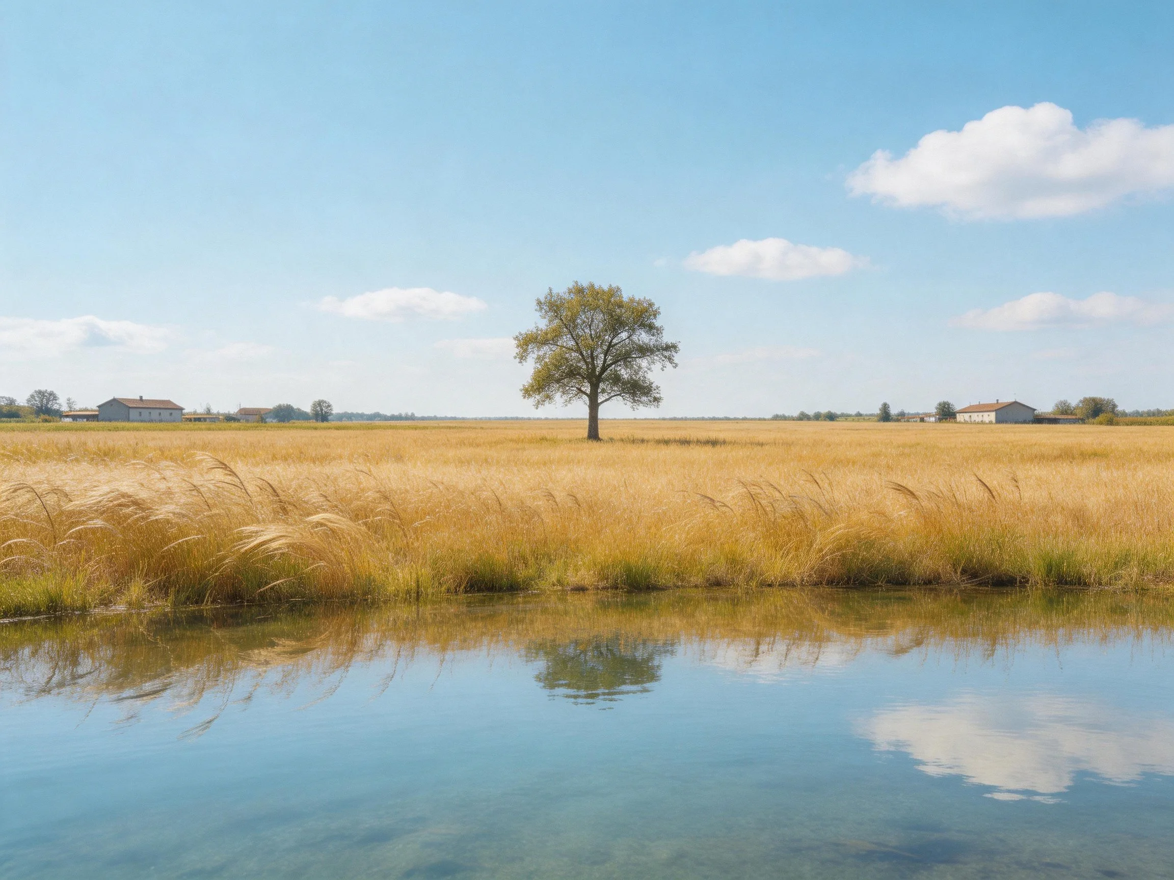 A lone tree stands in golden fields beside calm water with distant farmhouses