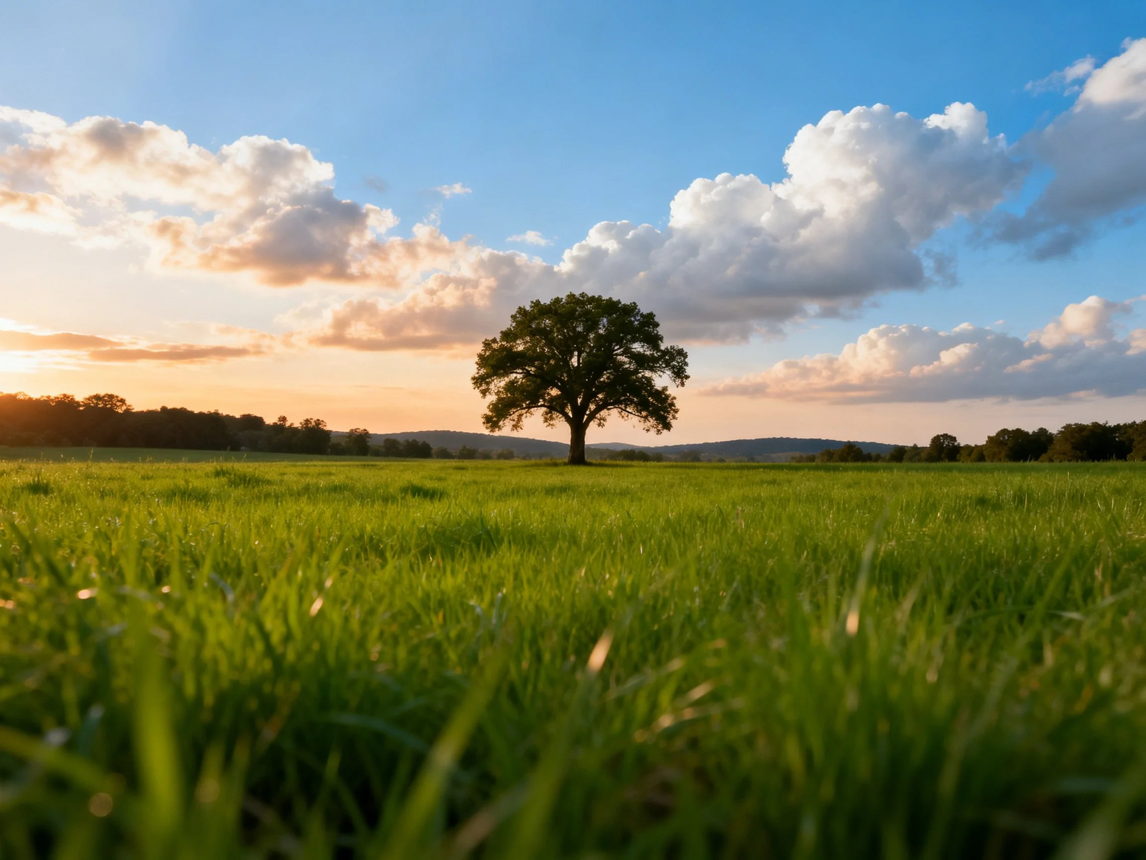A lone tree stands ina vast green meadow under a colorful sky.