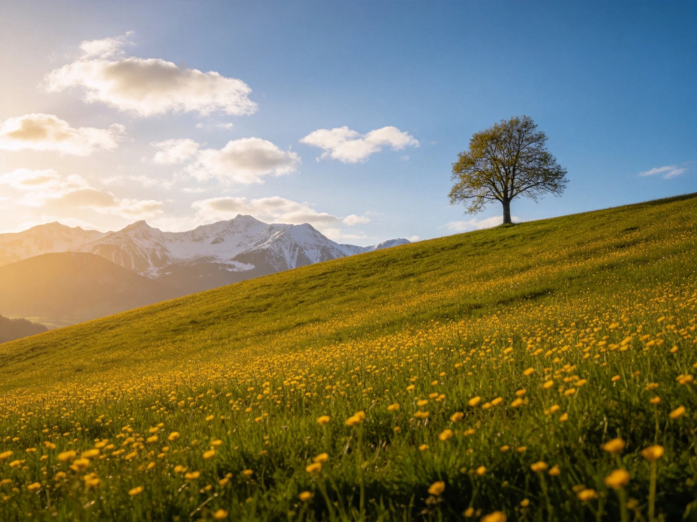 A lone tree stands on a flower-filled green hillside near snow-capped mountains