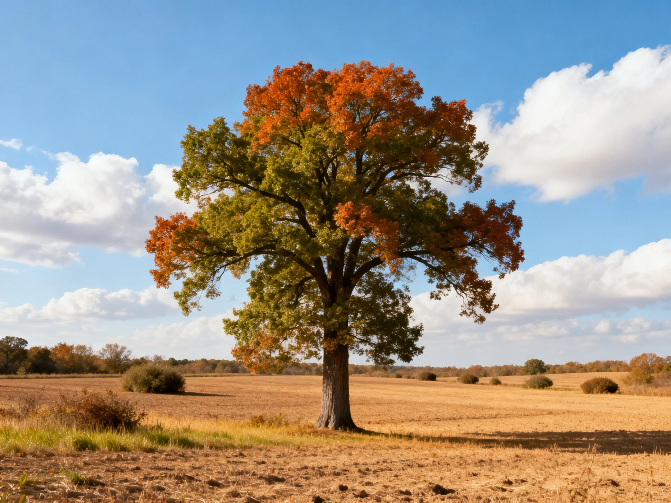 A lone tree with autumn-colored foliage stands in a vast golden field