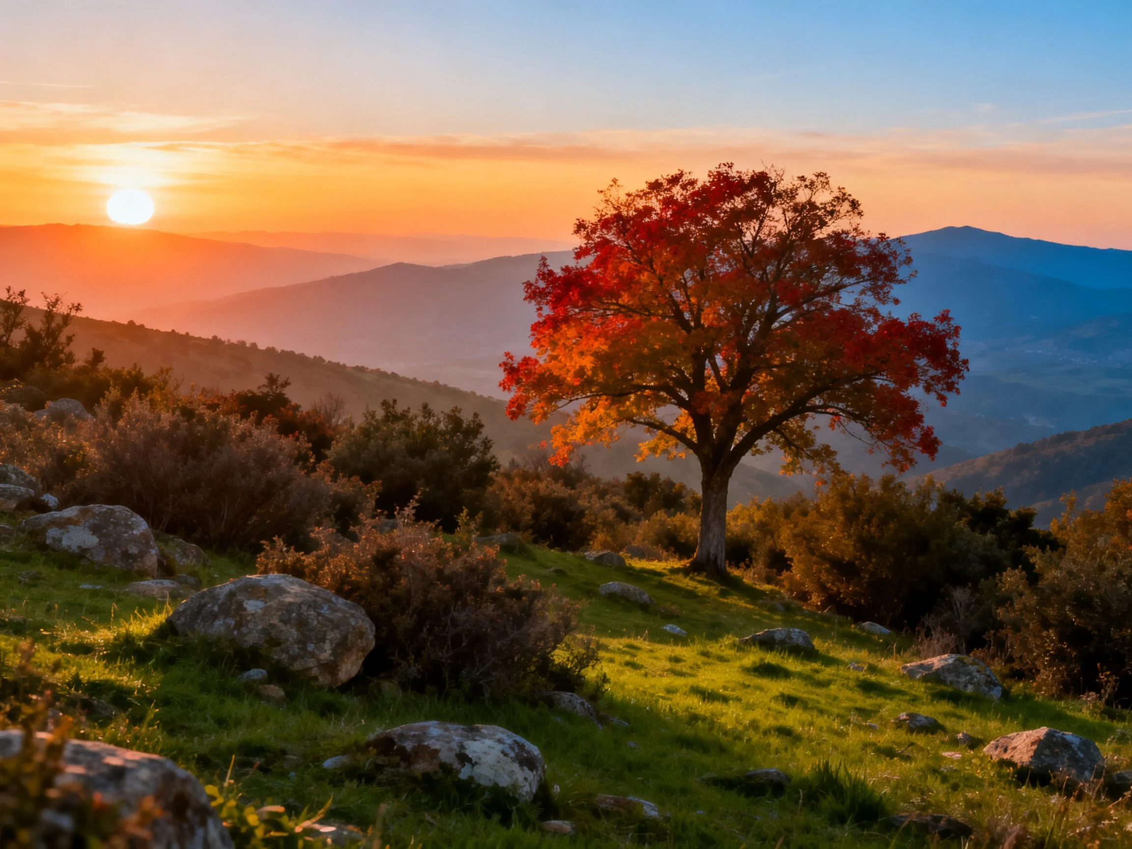 A lone tree with autumn-hued foliage near rocky hills at sunset