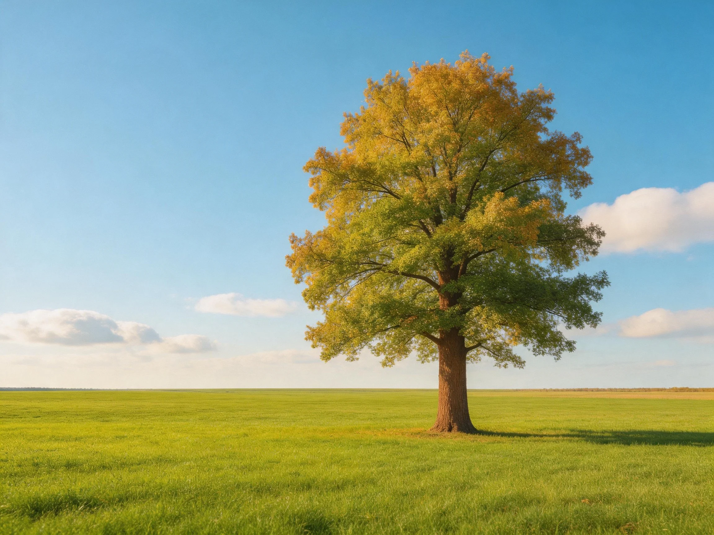 A lone tree with green and golden leaves in a vast open field