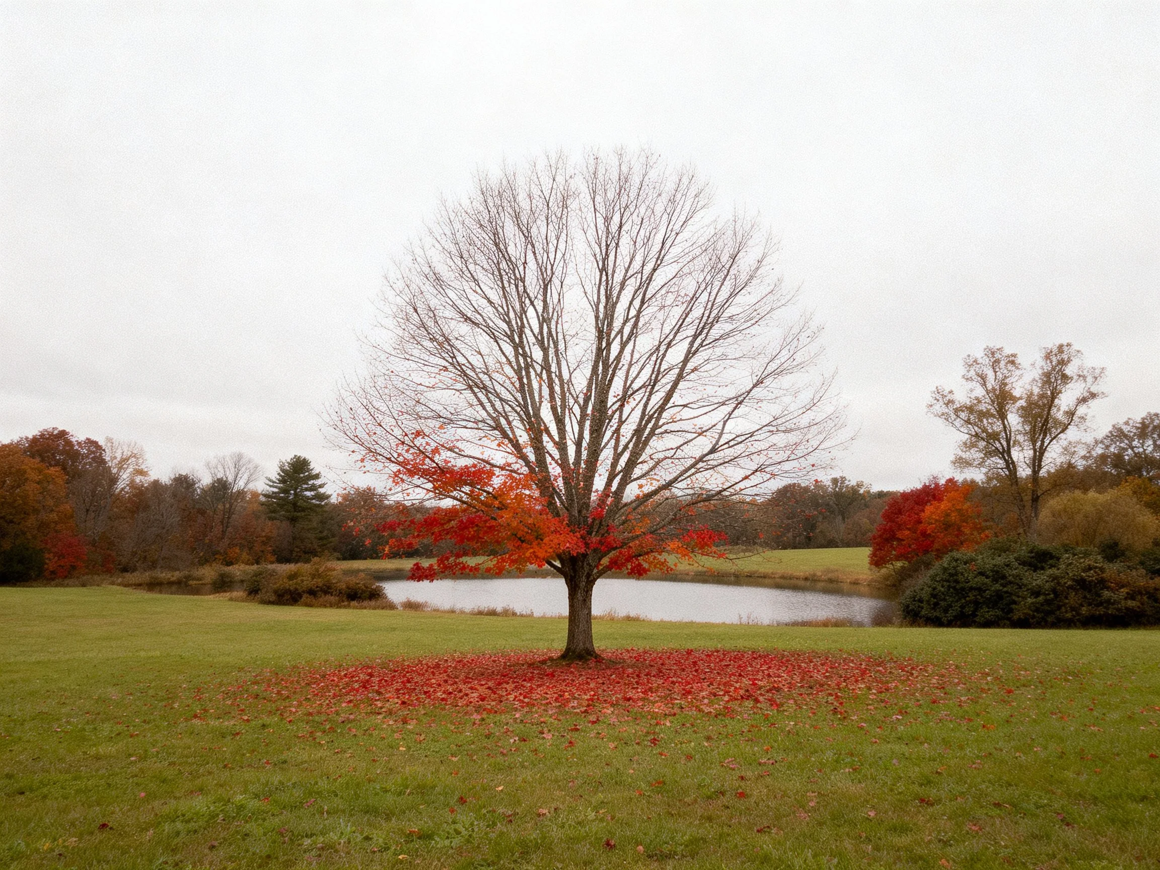 A lone tree with red foliage near a pond in autumn