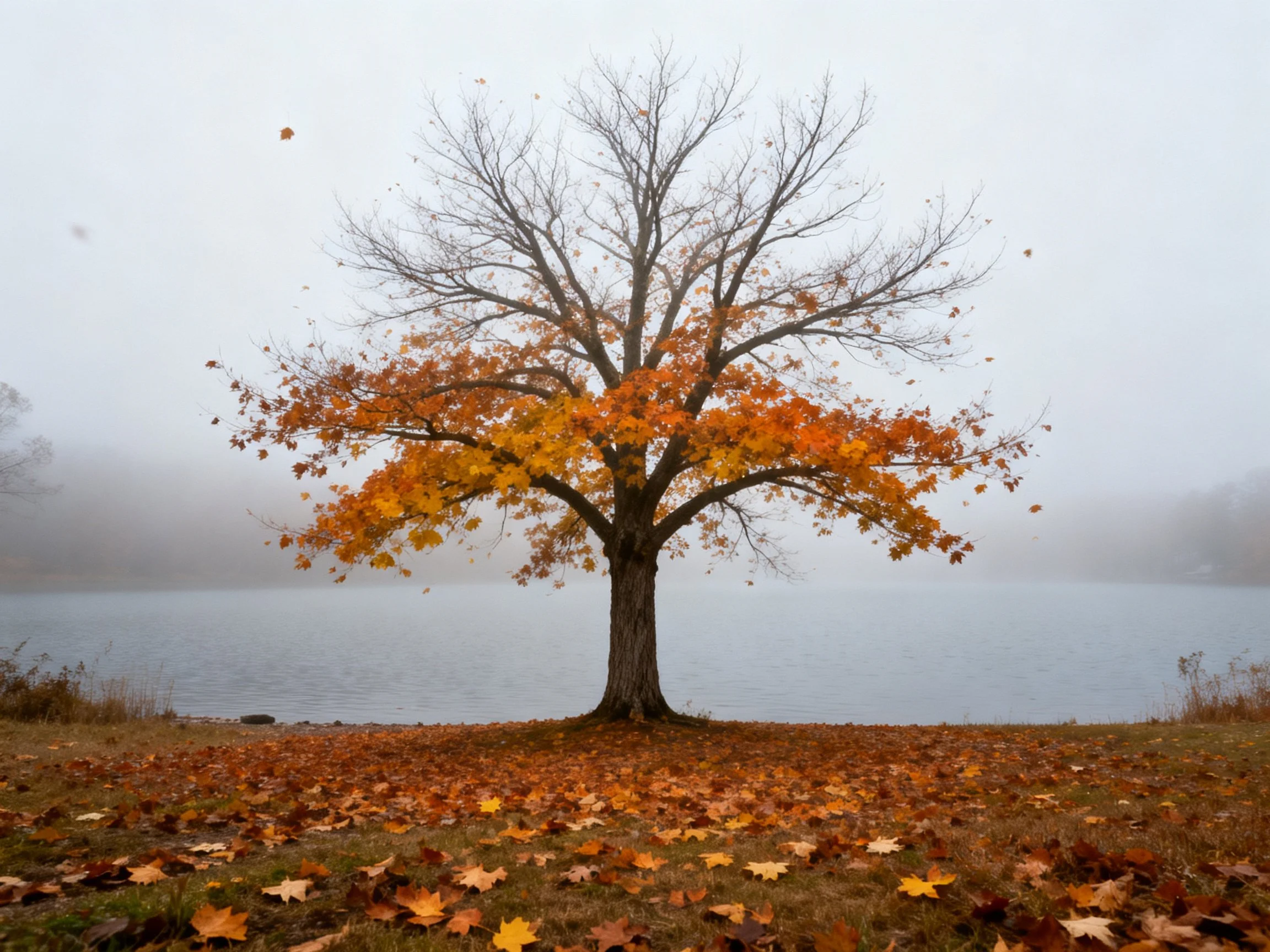 A lone tree with vibrant fall foliage by a misty lake