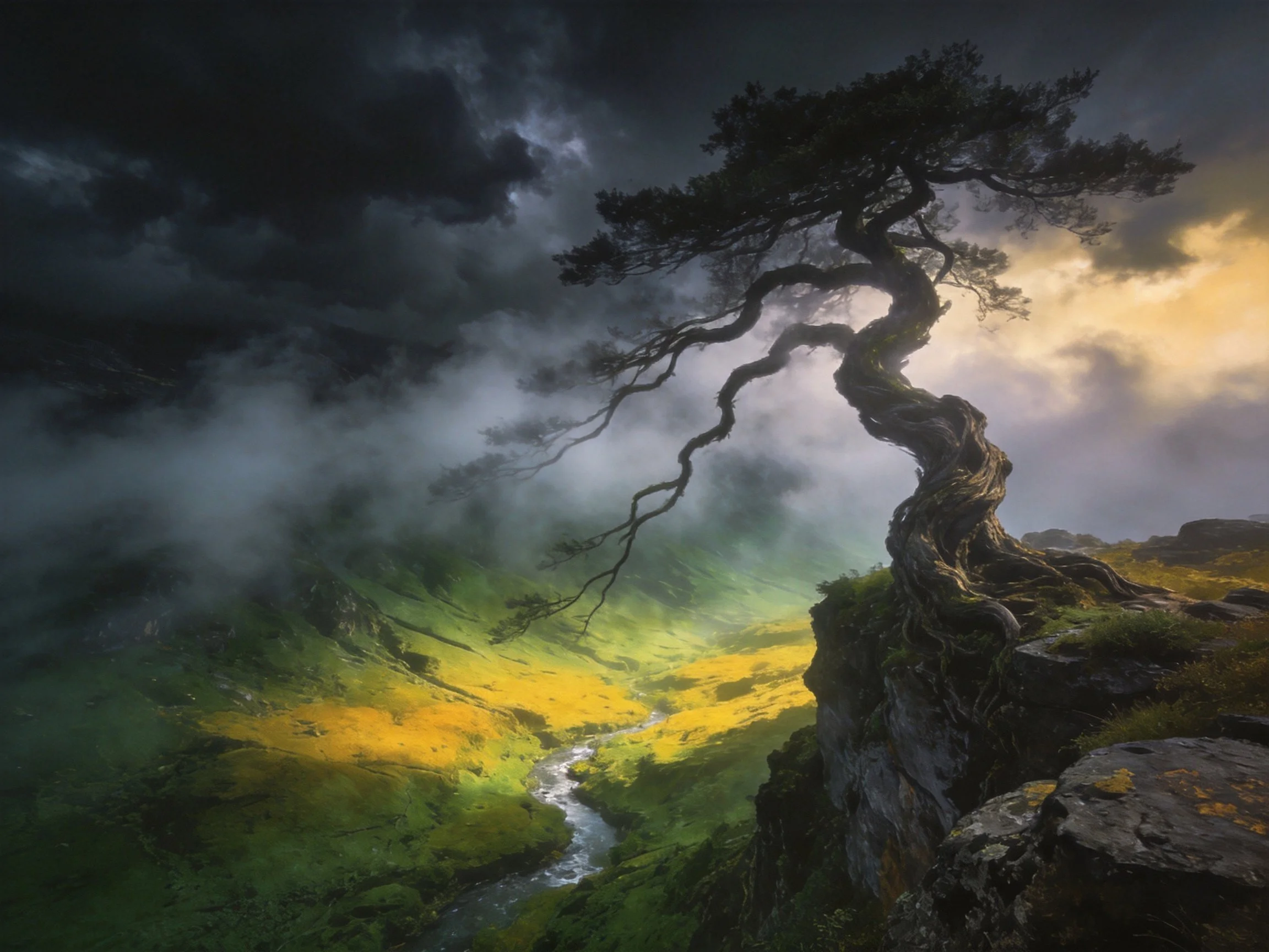A lone twisted pine overlooks stormy skies and vibrant valleys