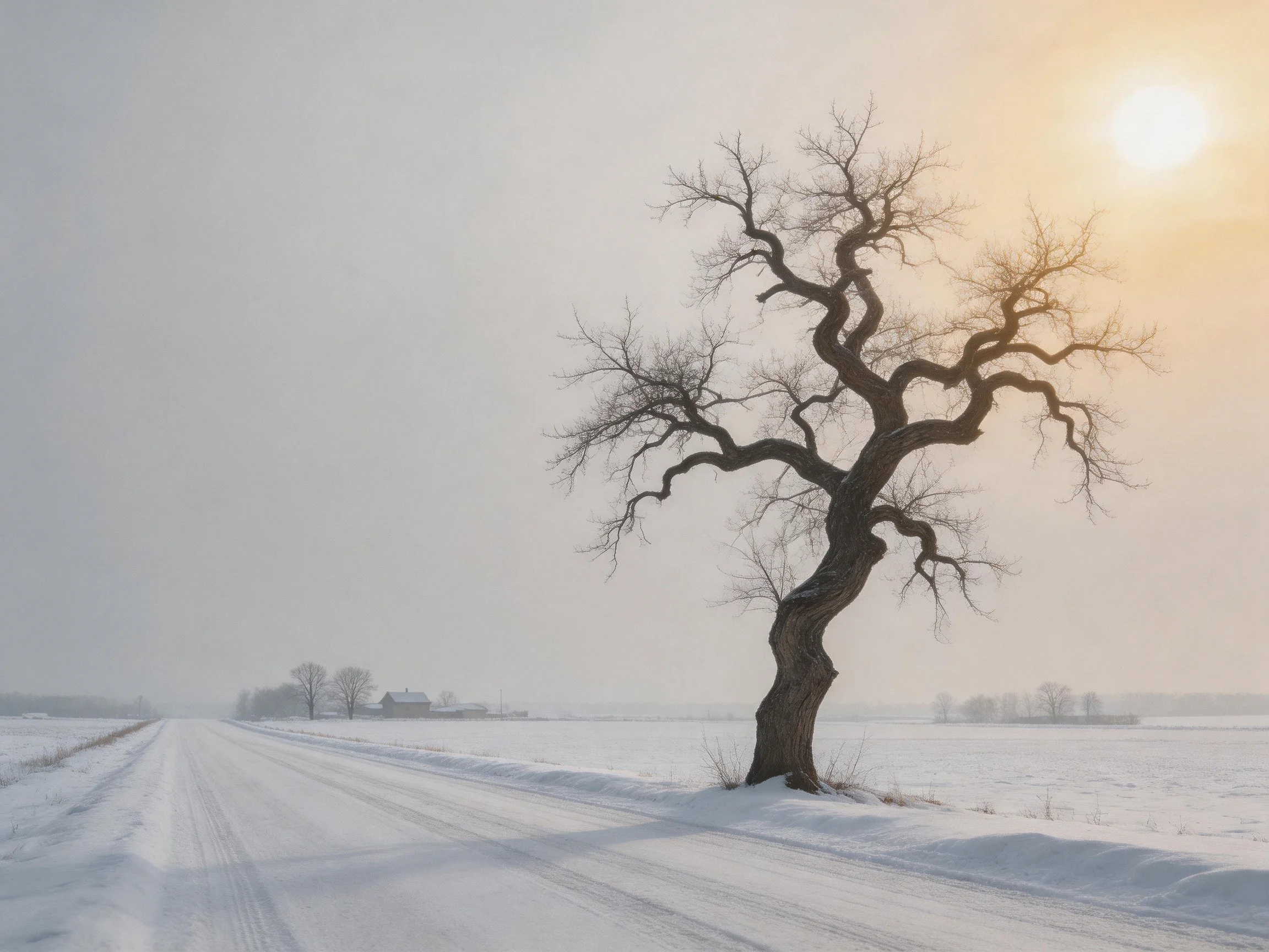A lone twisted tree stands beside a snow-blanketed road under hazy sunlight
