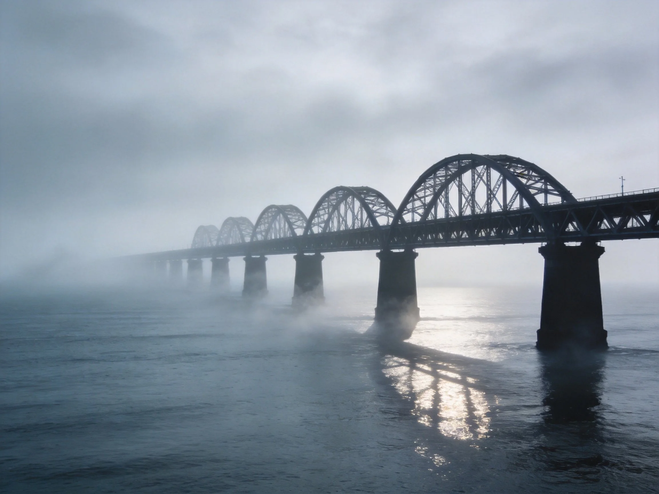 A long arched bridge spans foggy waters under muted gray skies