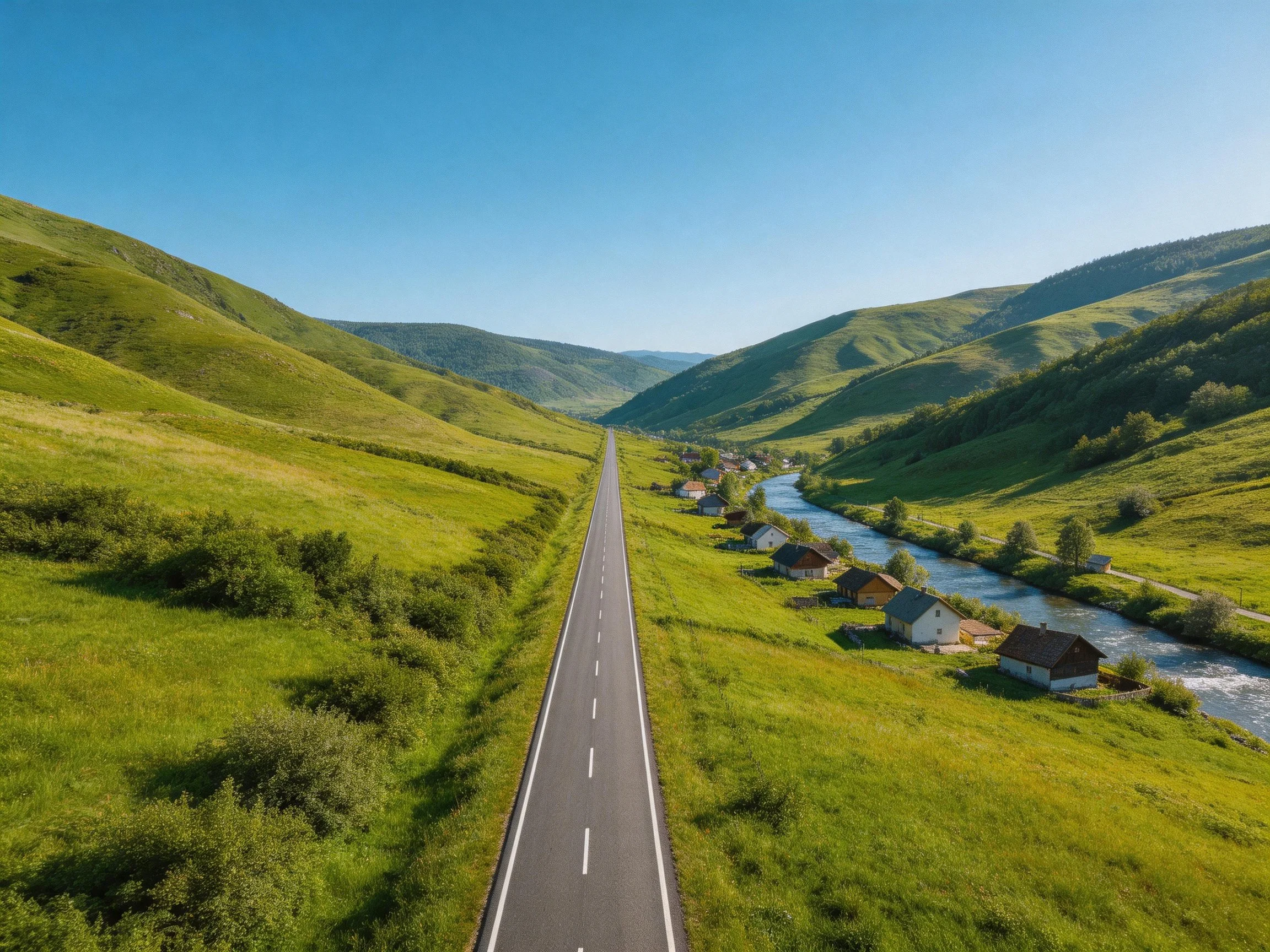 A long asphalt road cuts through lush green hills near a winding river