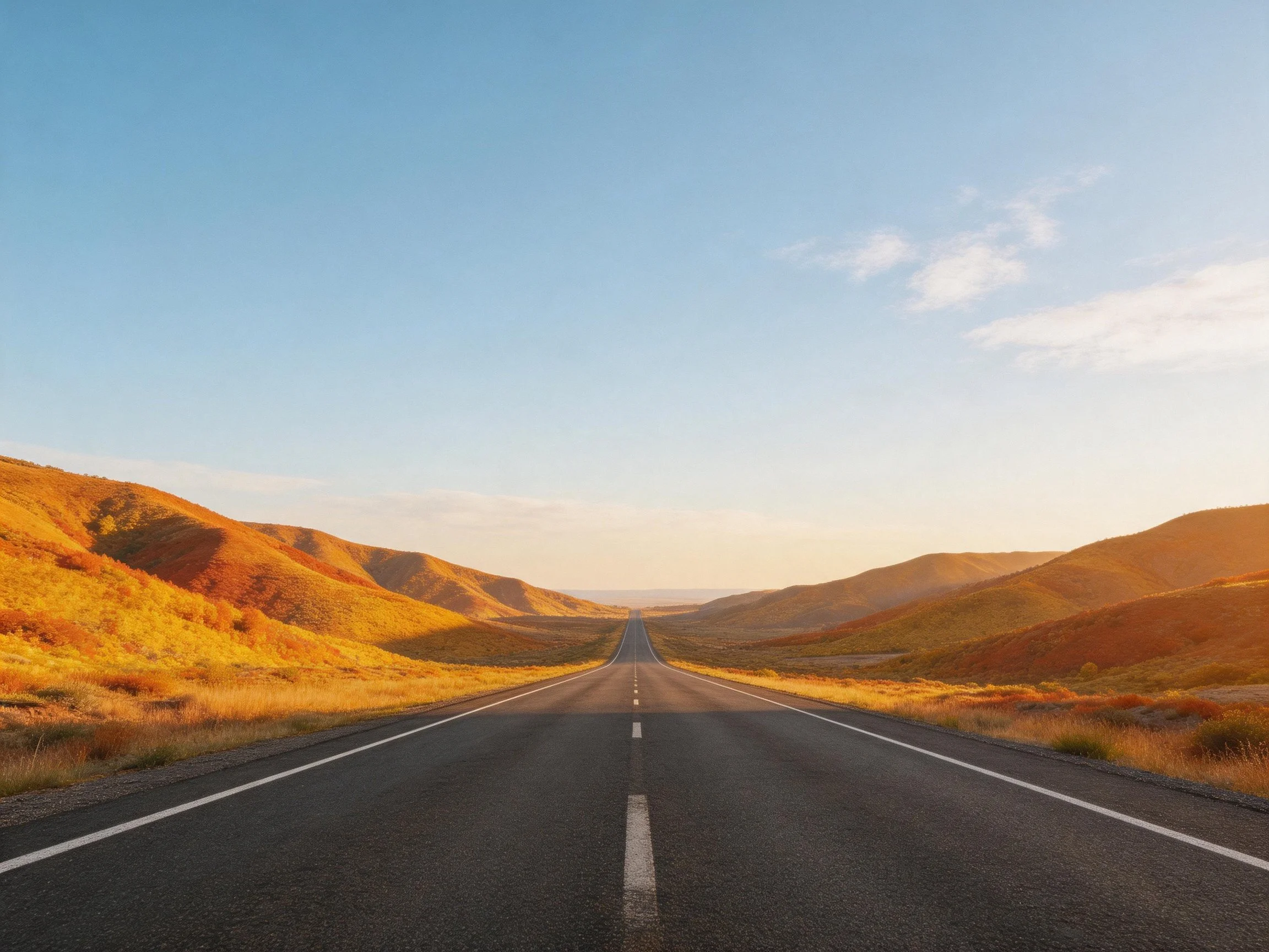 A long asphalt road stretches between golden-hued rolling hills under a clear sky