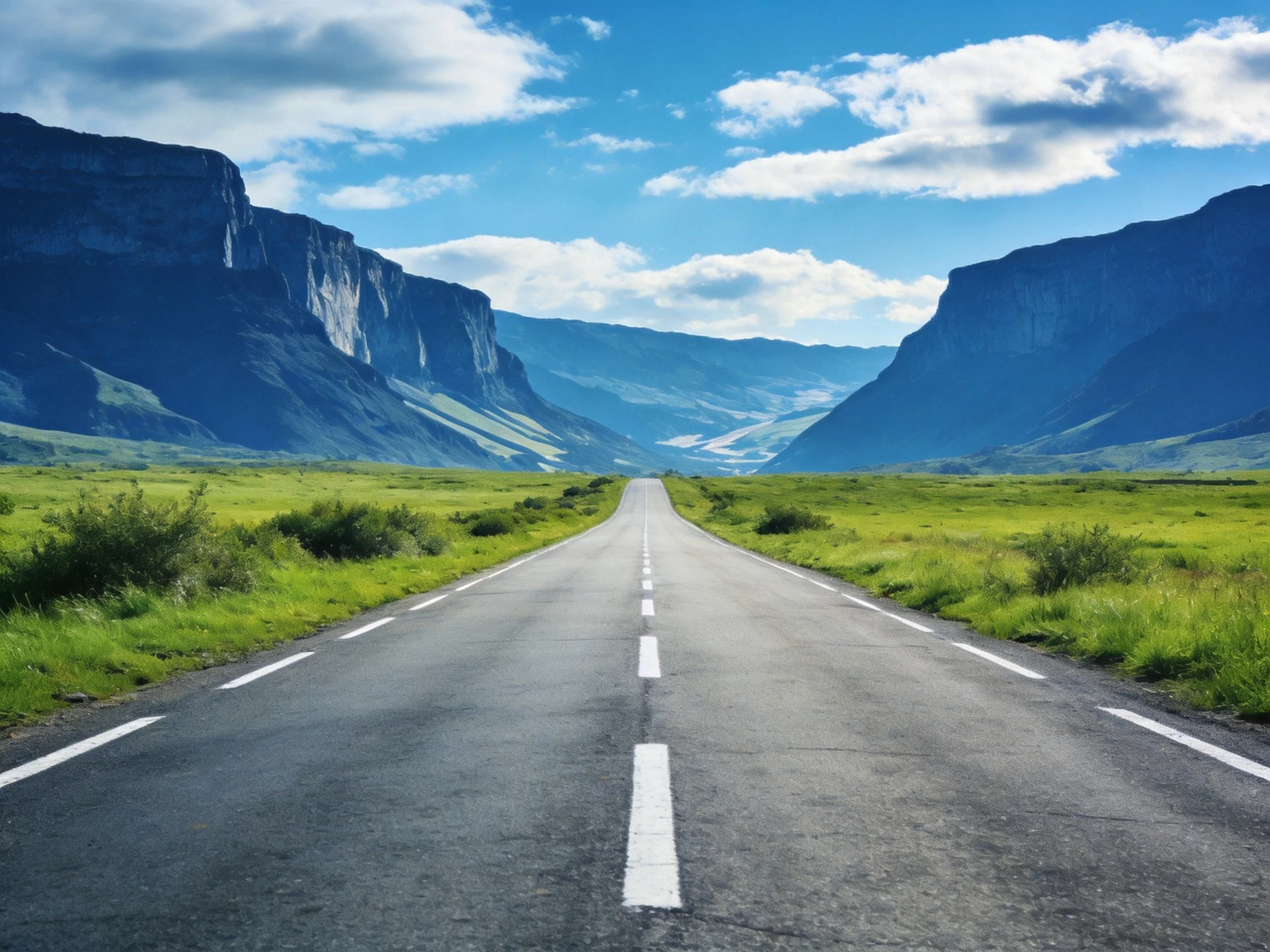 A long asphalt road stretches toward towering cliffs and green valleys
