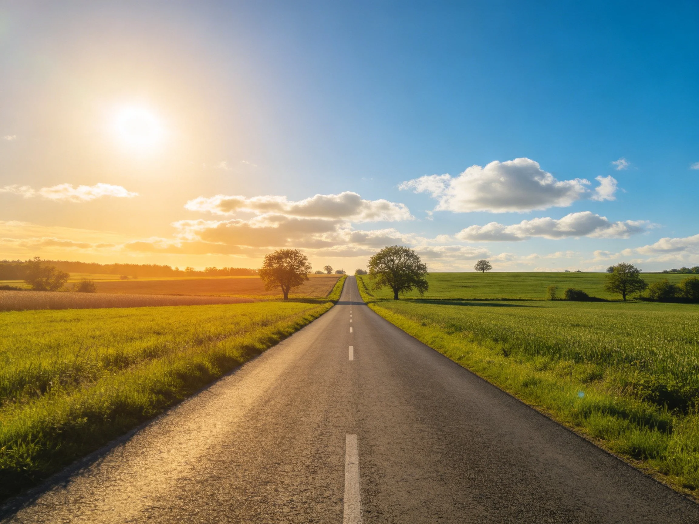 A long asphalt road through lush green fields under sunny skies