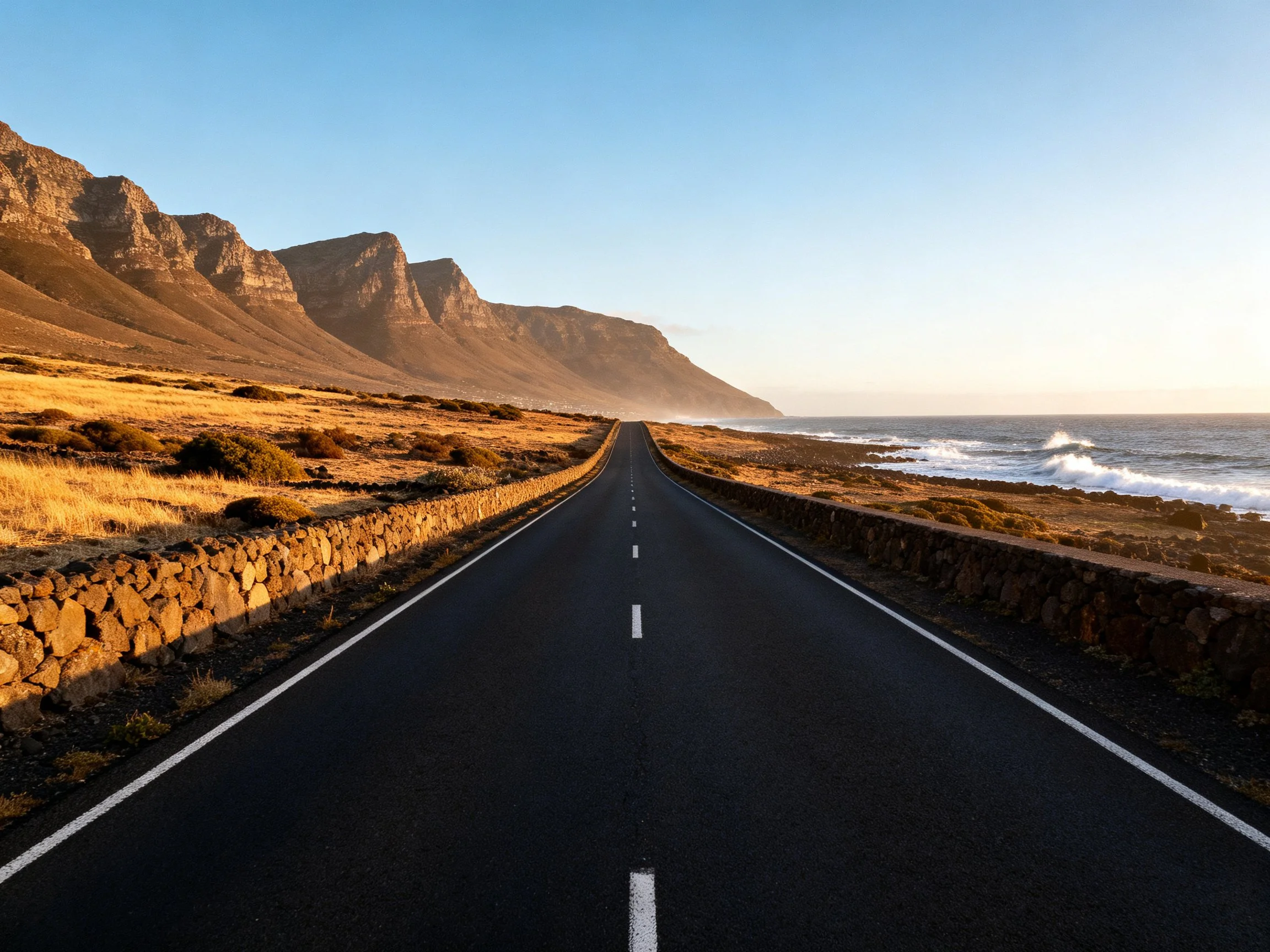 A long coastal road leading to rugged mountains beside the ocean