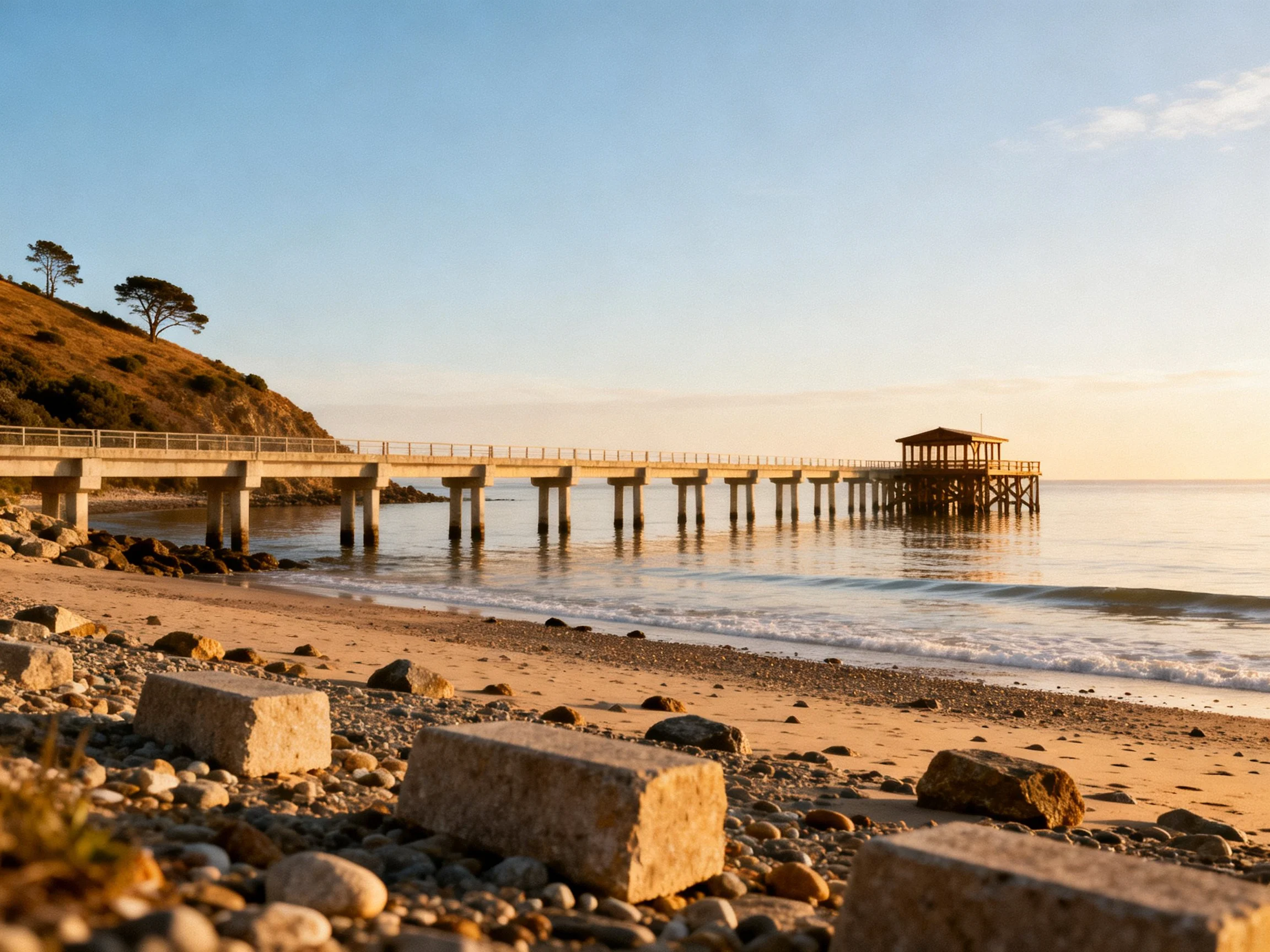 A long concrete pier extends over calm waters near rocky shores