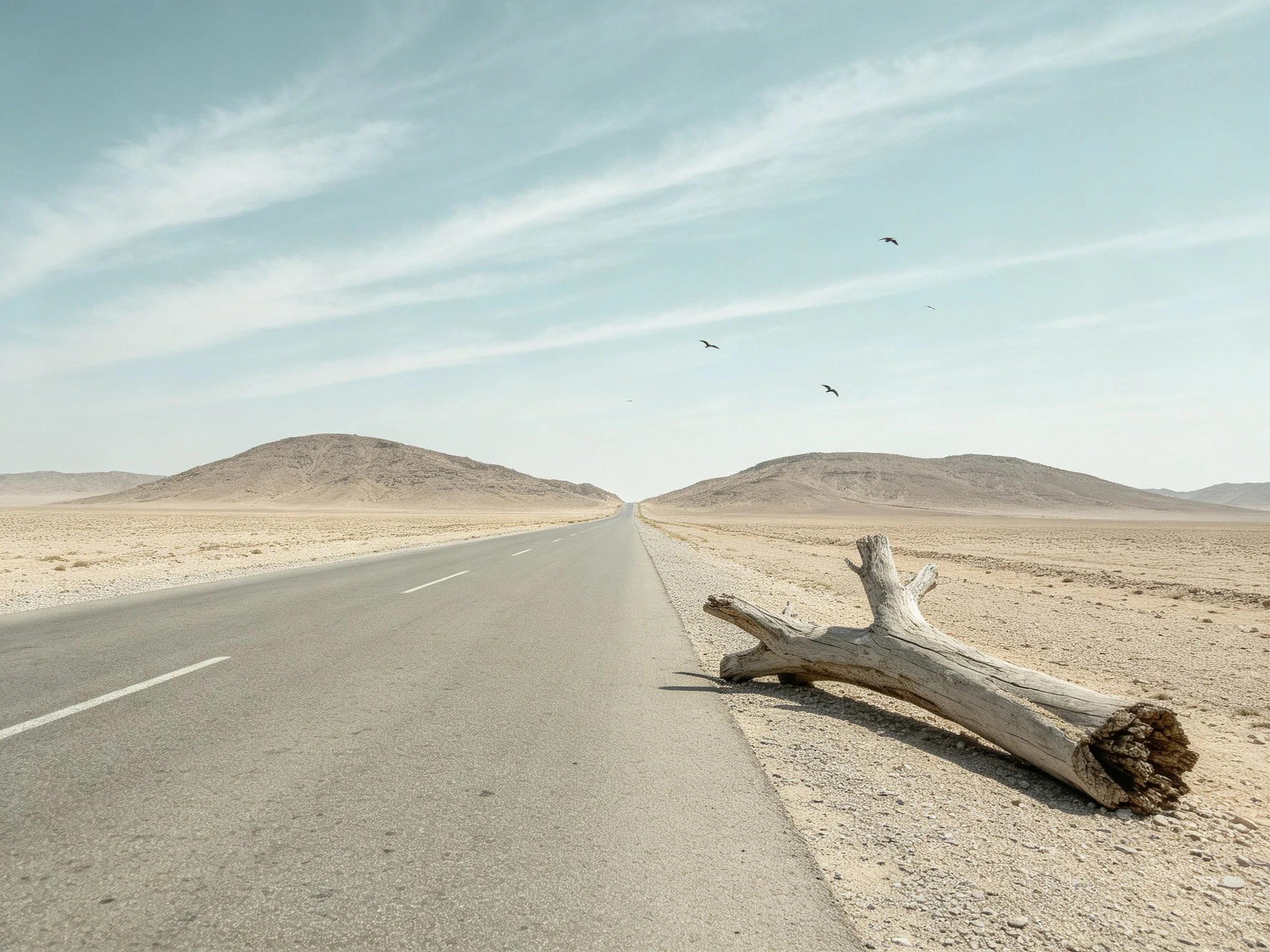 A long desert road leads toward distant hills with a fallen log