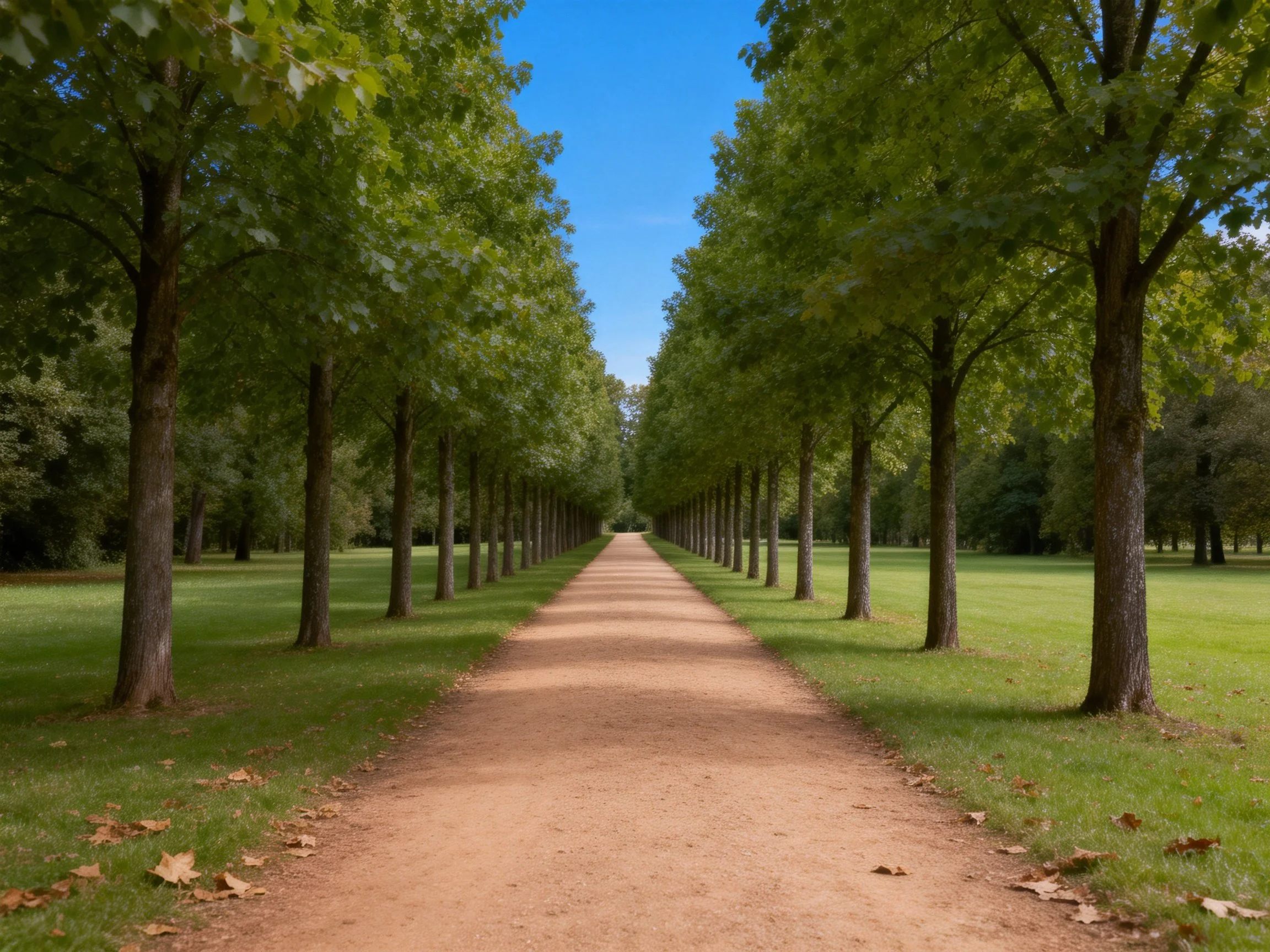 A long dirt path lined with tall green trees under bright blue sky