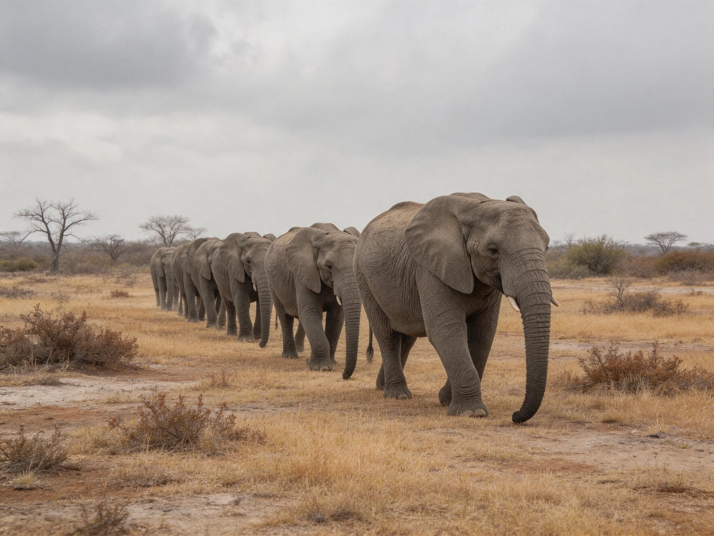 A long elephant herd traverses dry savannah terrain