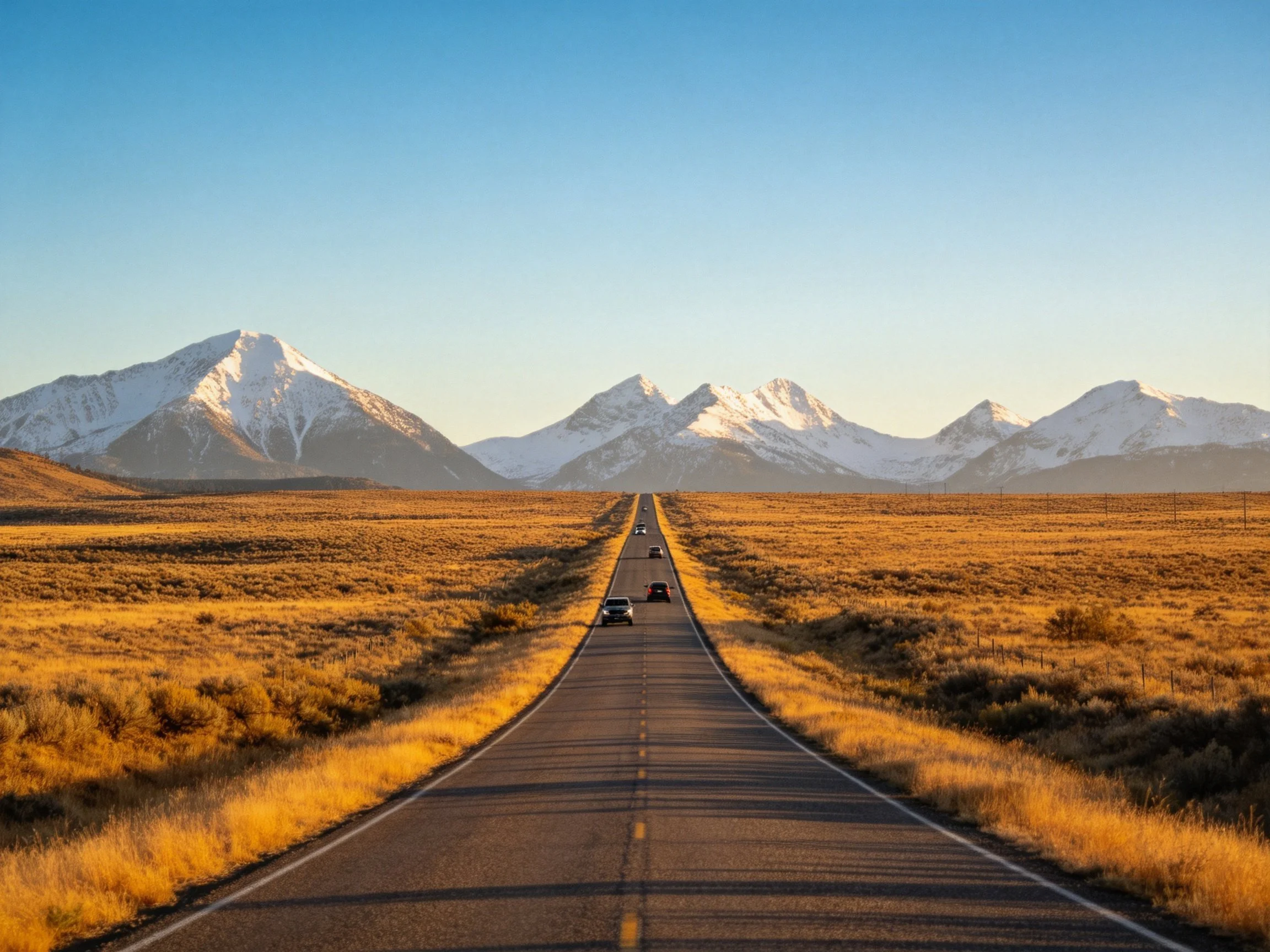 A long highway leads toward snow-capped mountains over golden plains