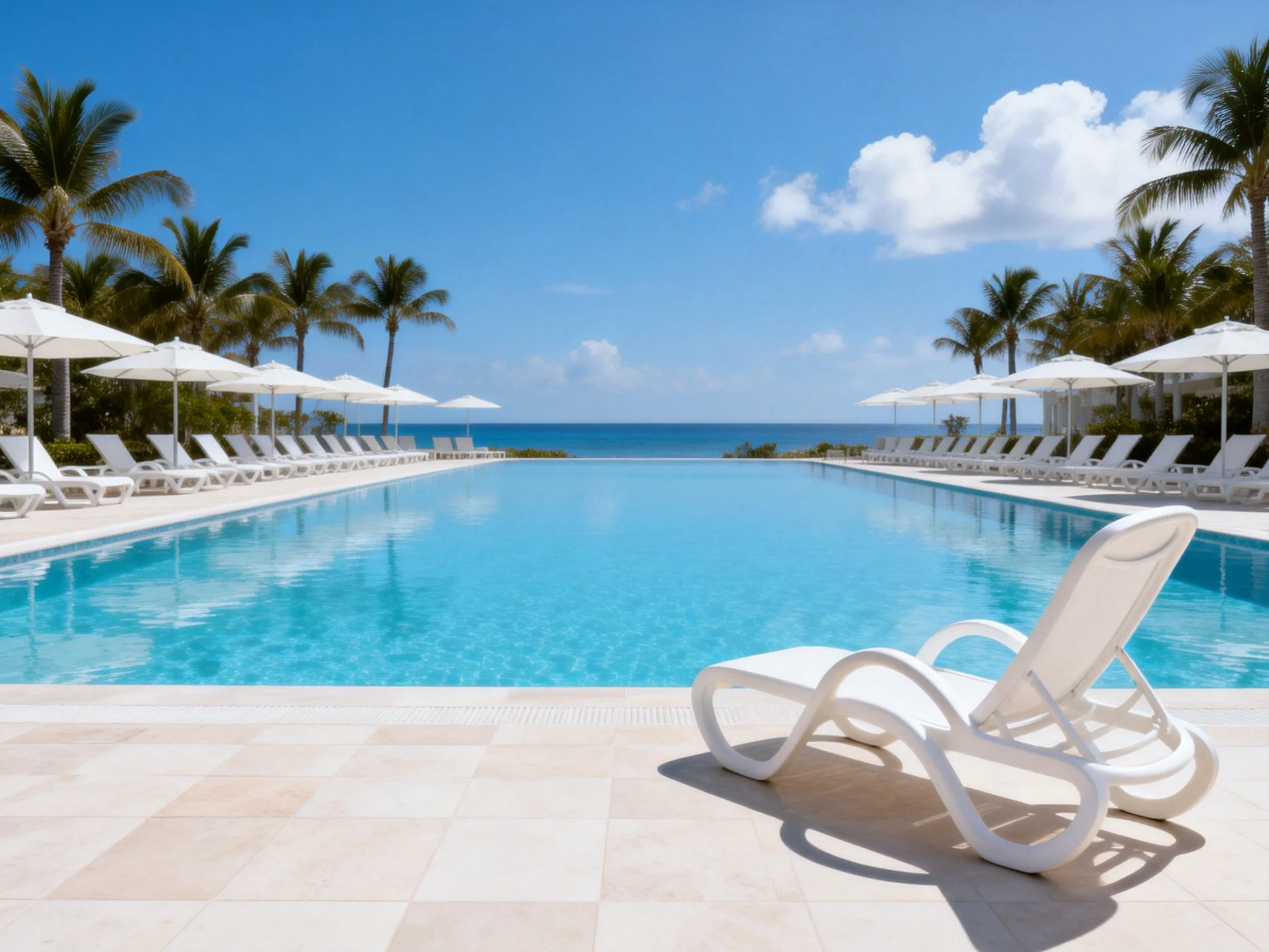 A long infinity pool with white lounge chairs and palm trees near the ocean