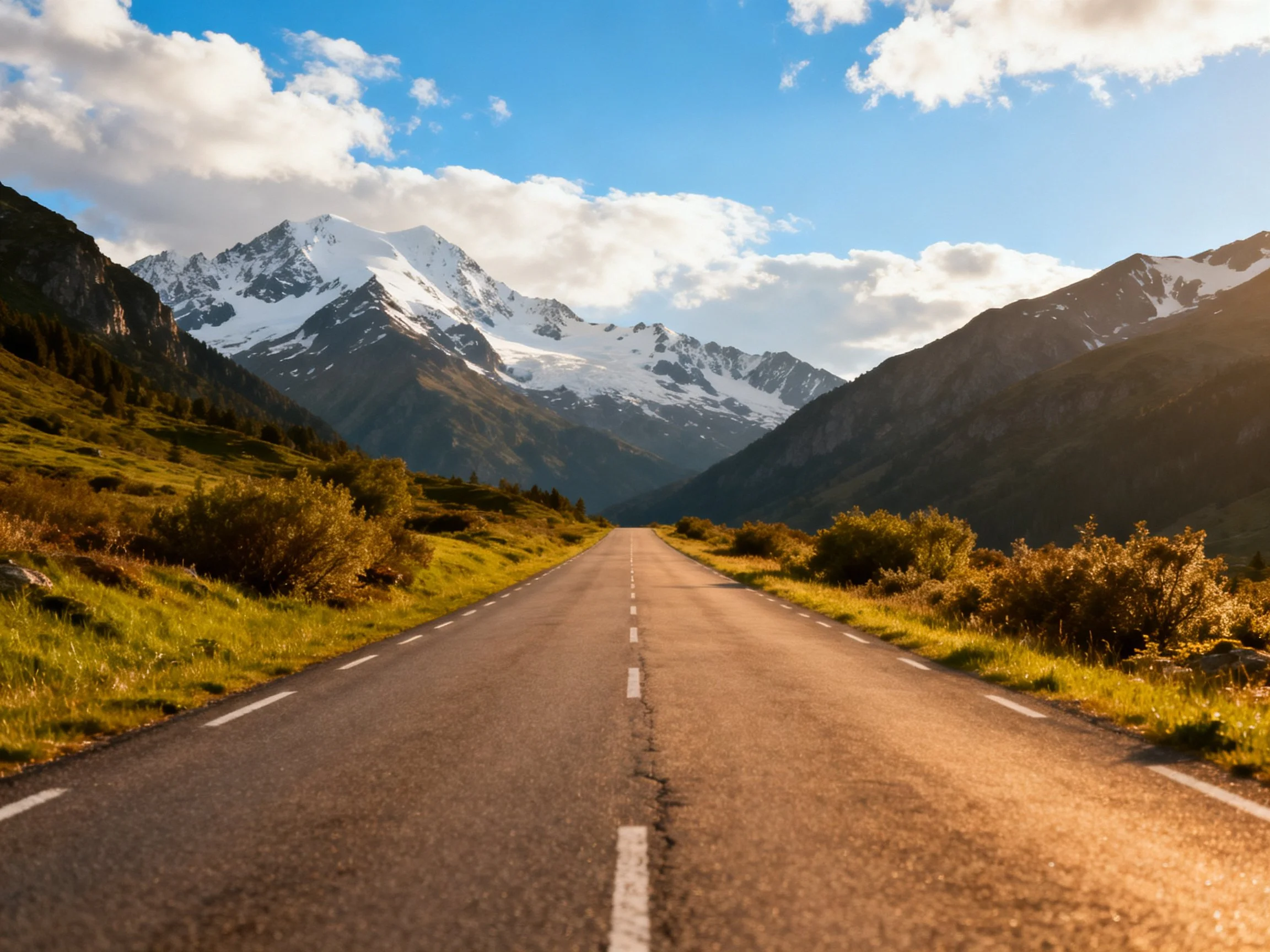 A long paved road leads toward towering snow - capped mountains
