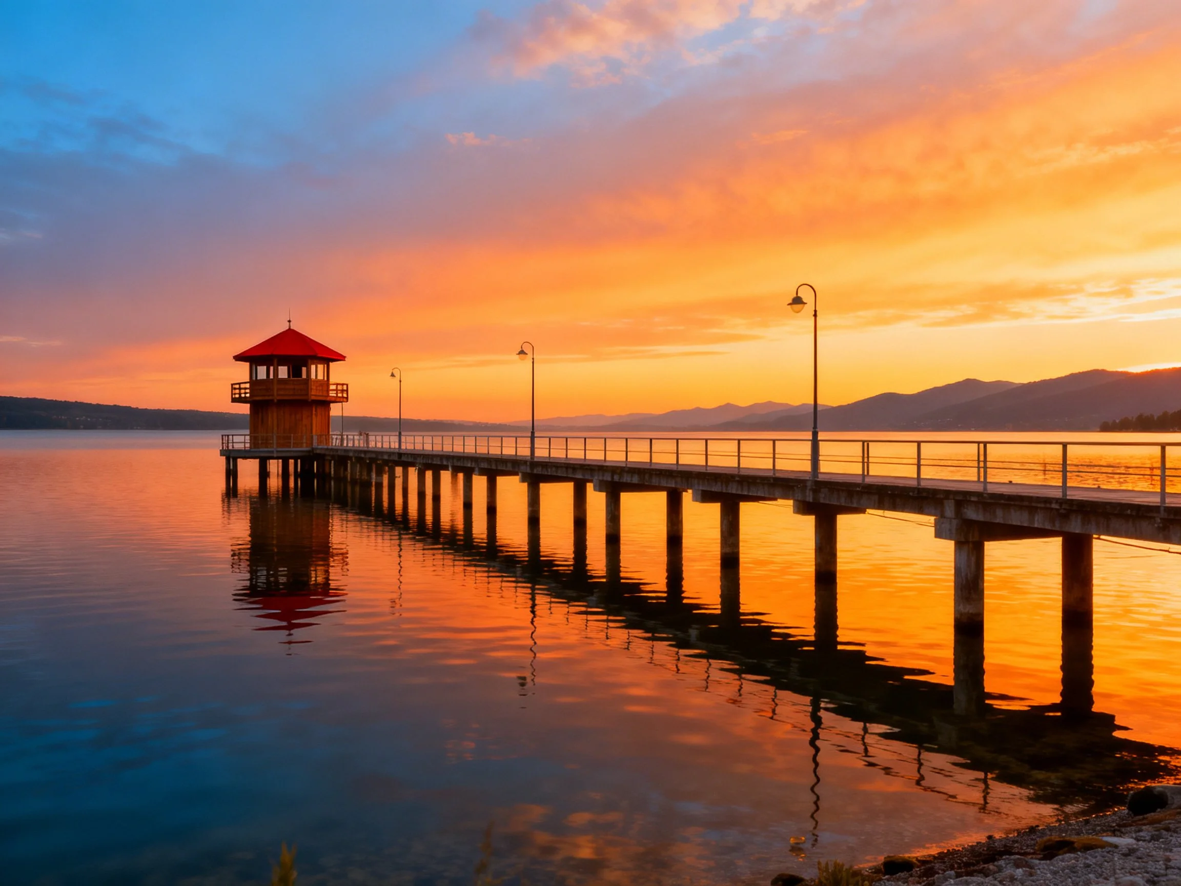 A long pier with a red-roofed tower over calm waters at sunset