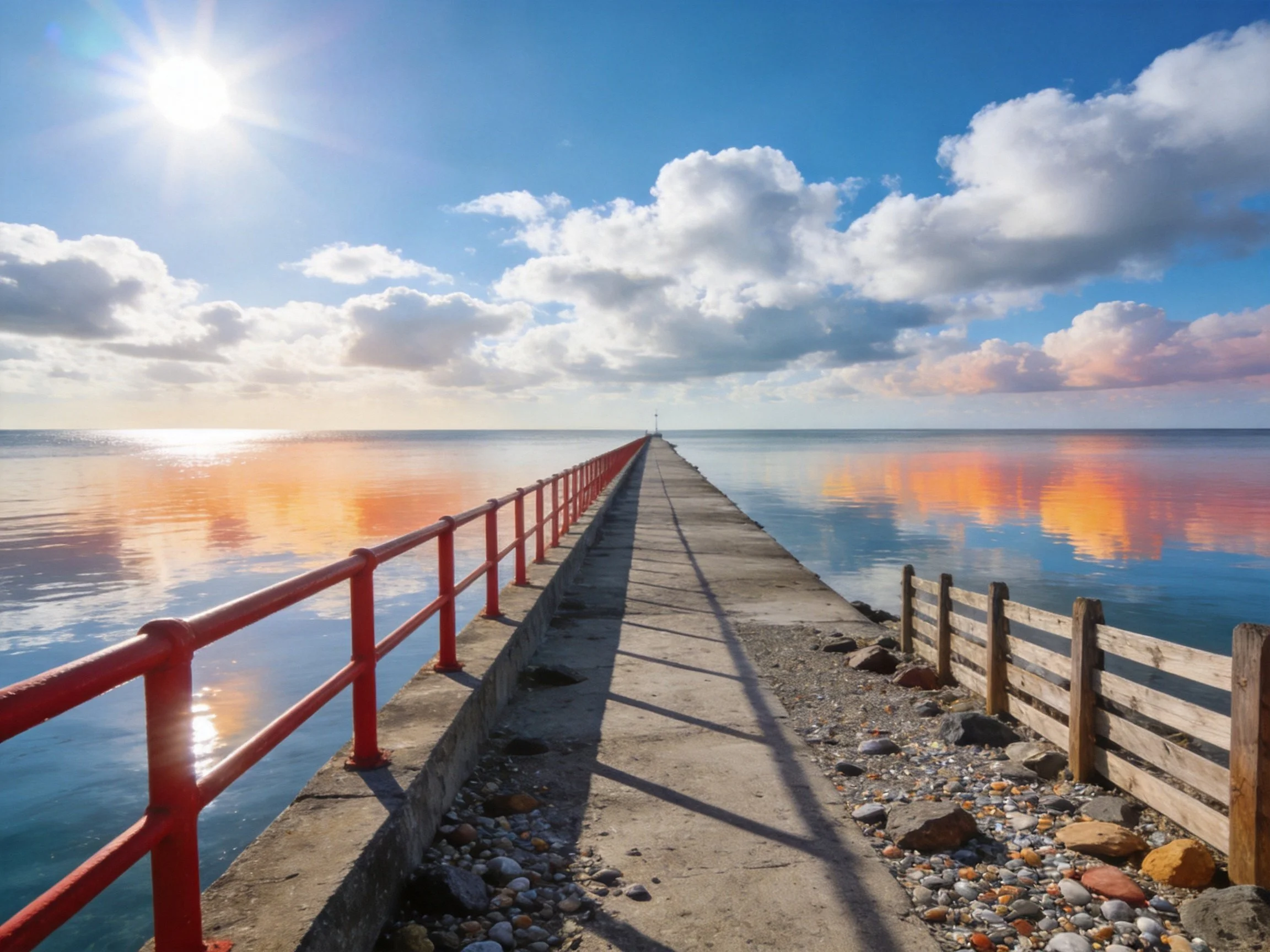 A long pier with red railings extends over calm water under a sunny sky
