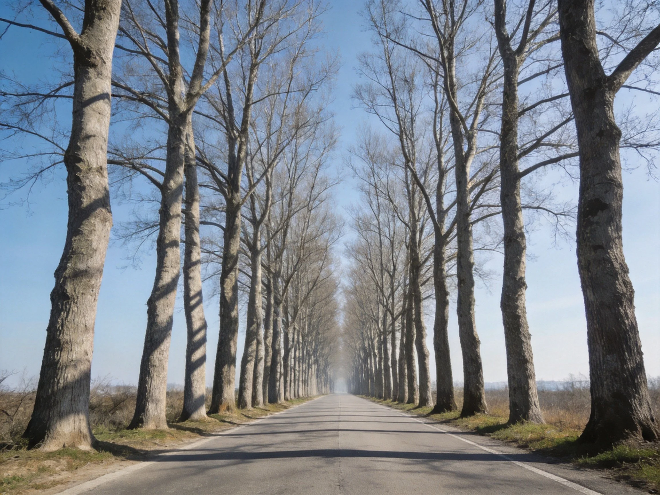 A long road flanked by tall leafless trees under bright blue sky