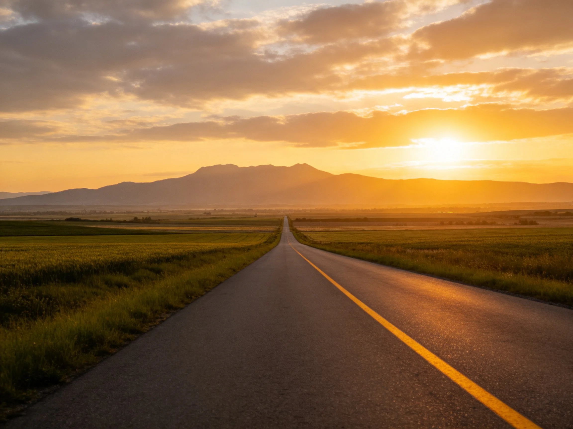 A long road leads toward mountains under golden sunset