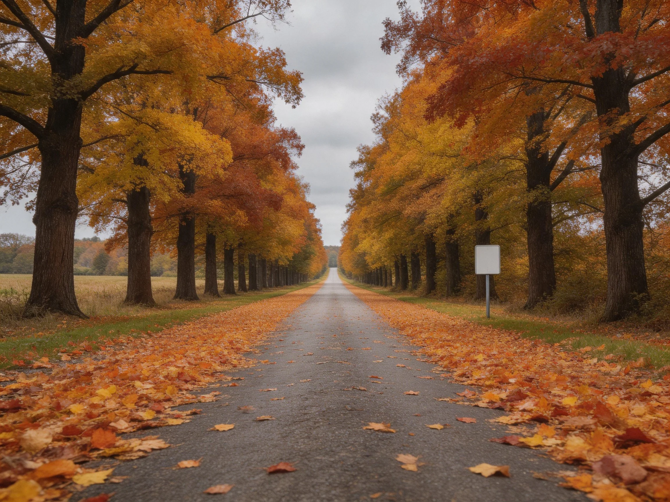 A long road lined with autumn-hued trees under an overcast sky