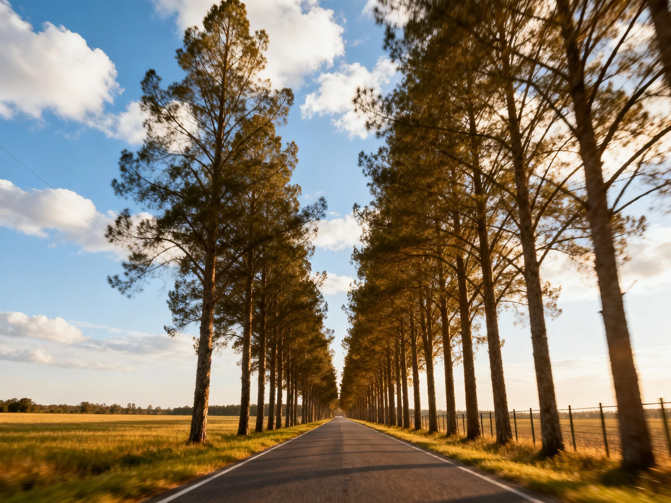 A long road lined with tall pine trees under a bright blue sky
