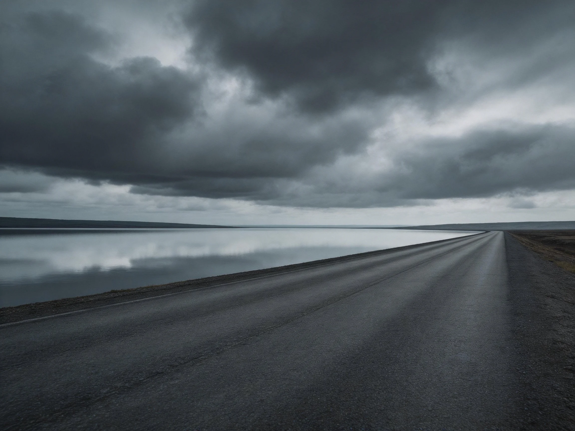 A long road stretches toward a calm lake under stormy skies