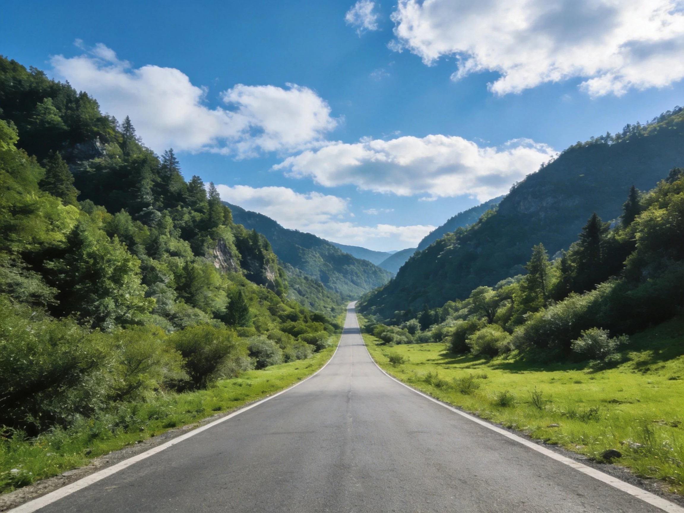 A long road winds through verdant mountains under a bright blue sky