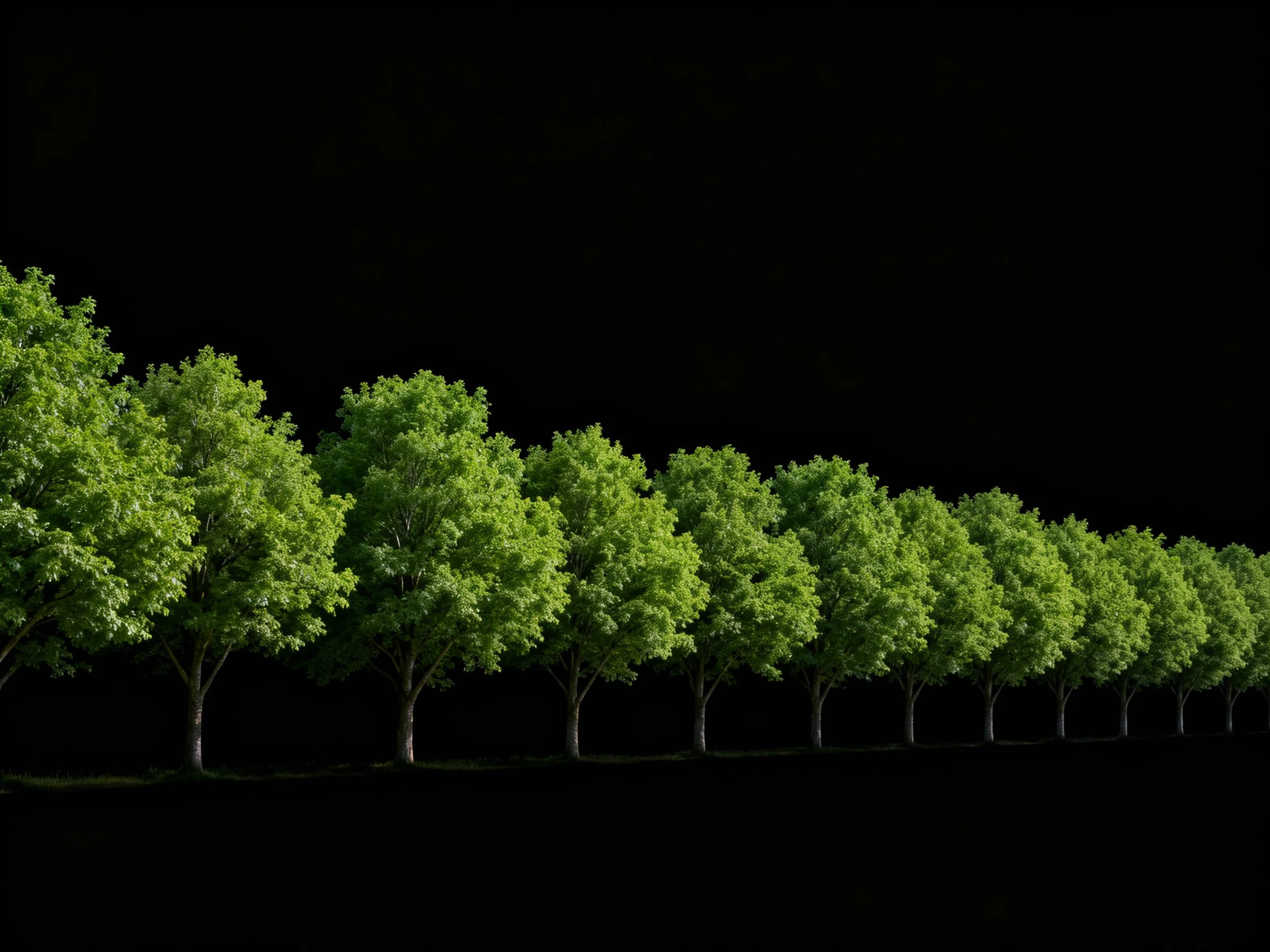 A long row of lush green trees against a stark black background