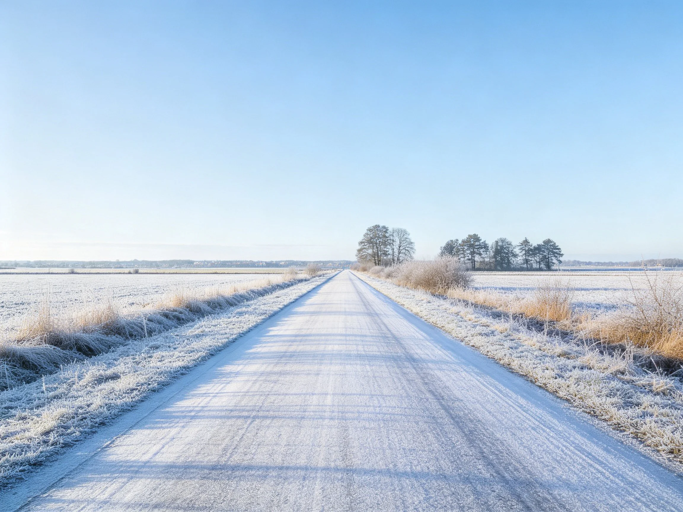 A long, snow-covered road leading toward frosty fields and trees