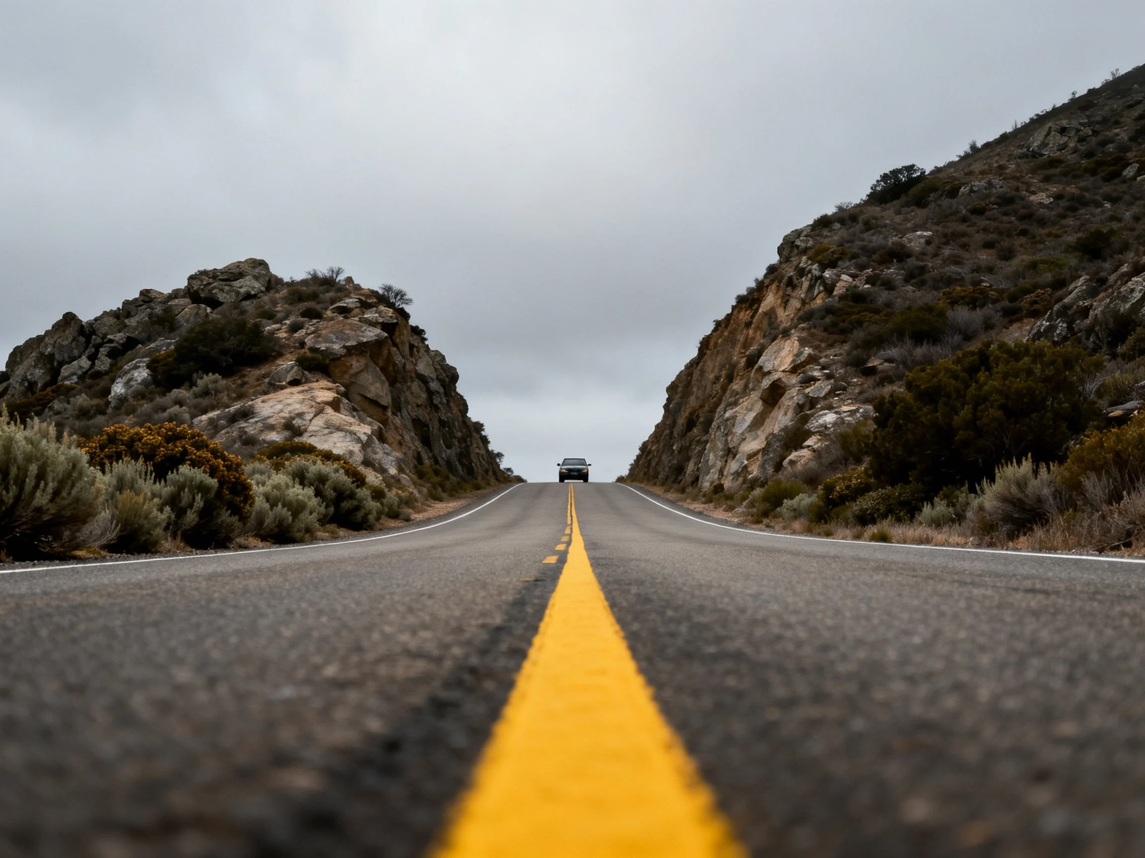 A long two - lane road with a bright yellow centerline between rocky hills