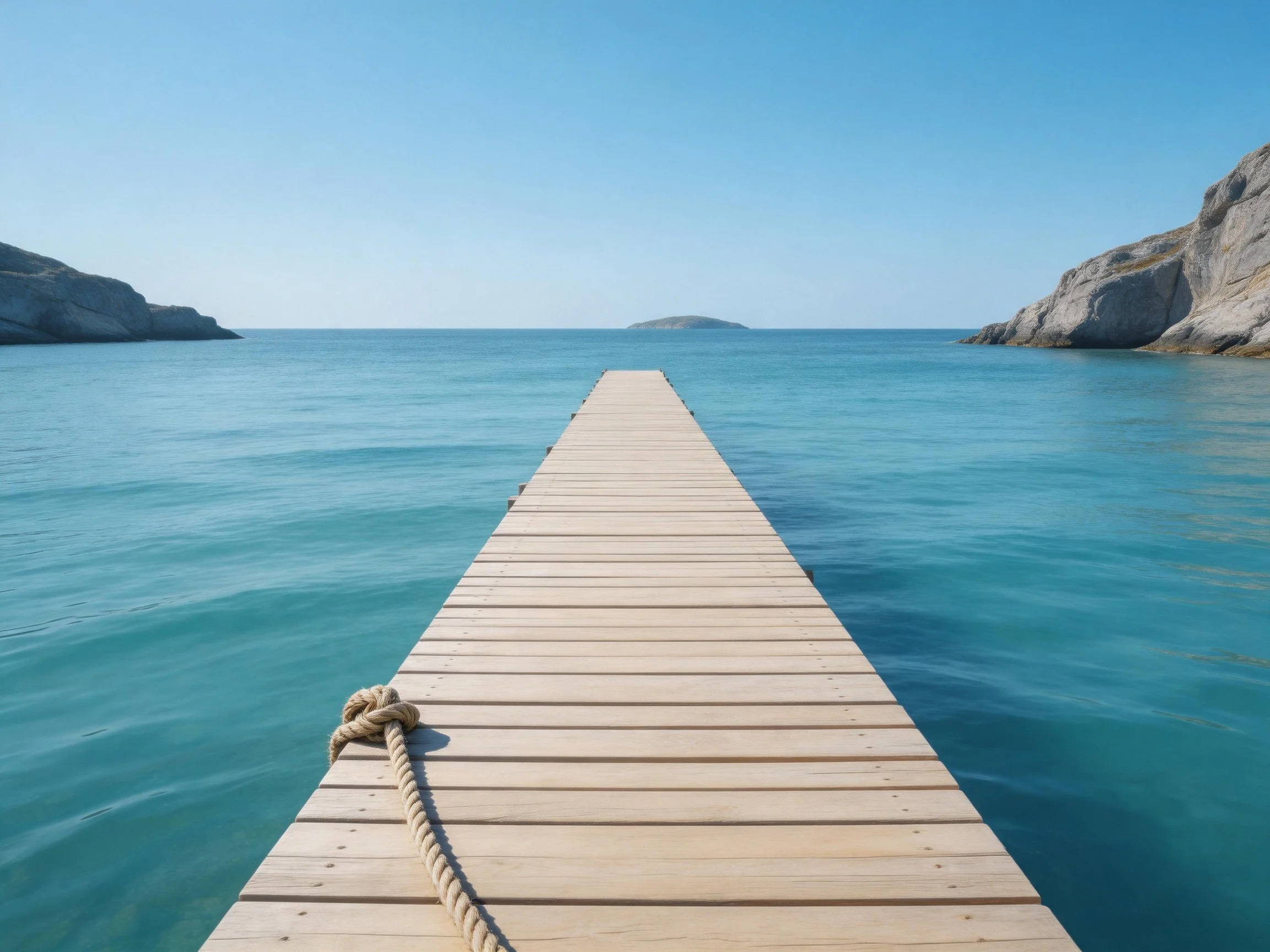 A long wooden dock extends over turquoise water near rocky shores