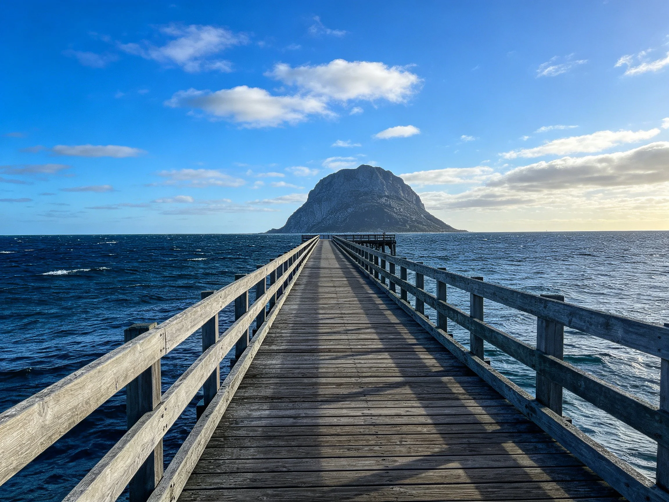 A long wooden pier extends toward a large rocky island over deep blue water.