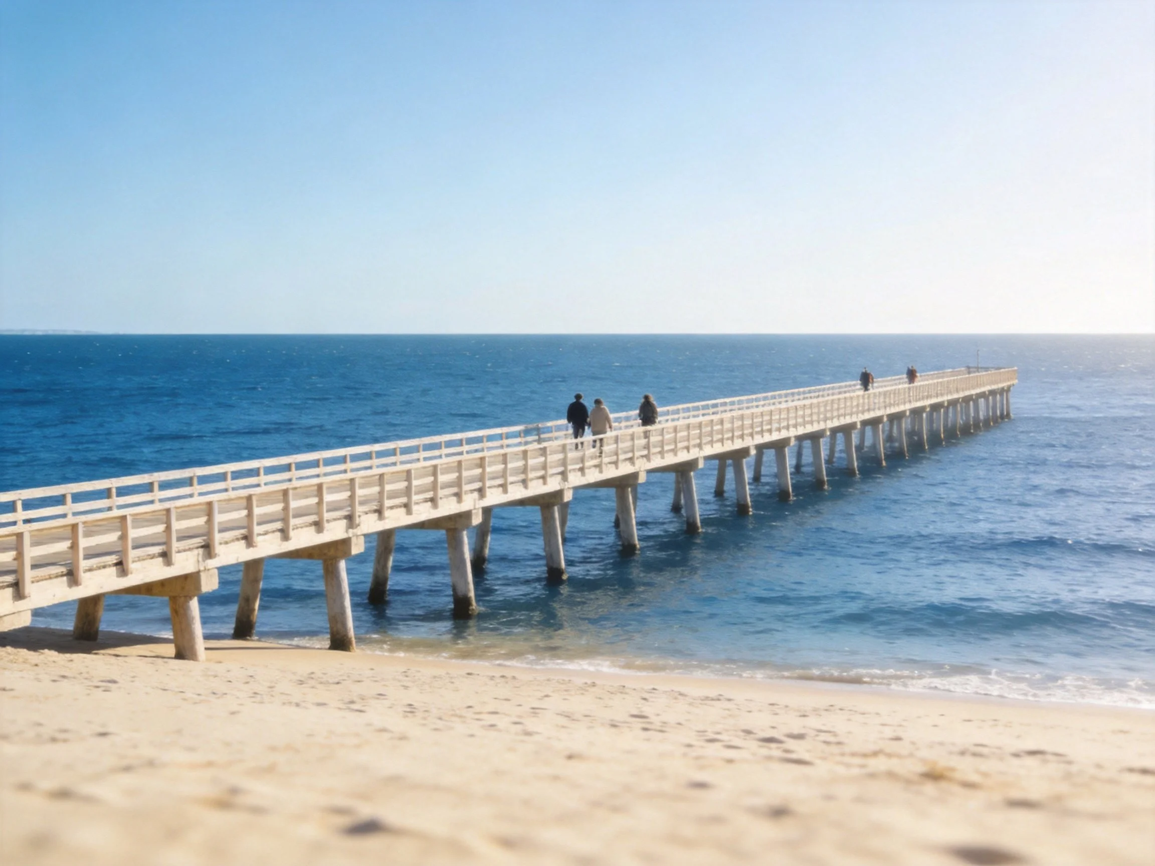 A long wooden pier stretches over calm blue ocean near sandy shore