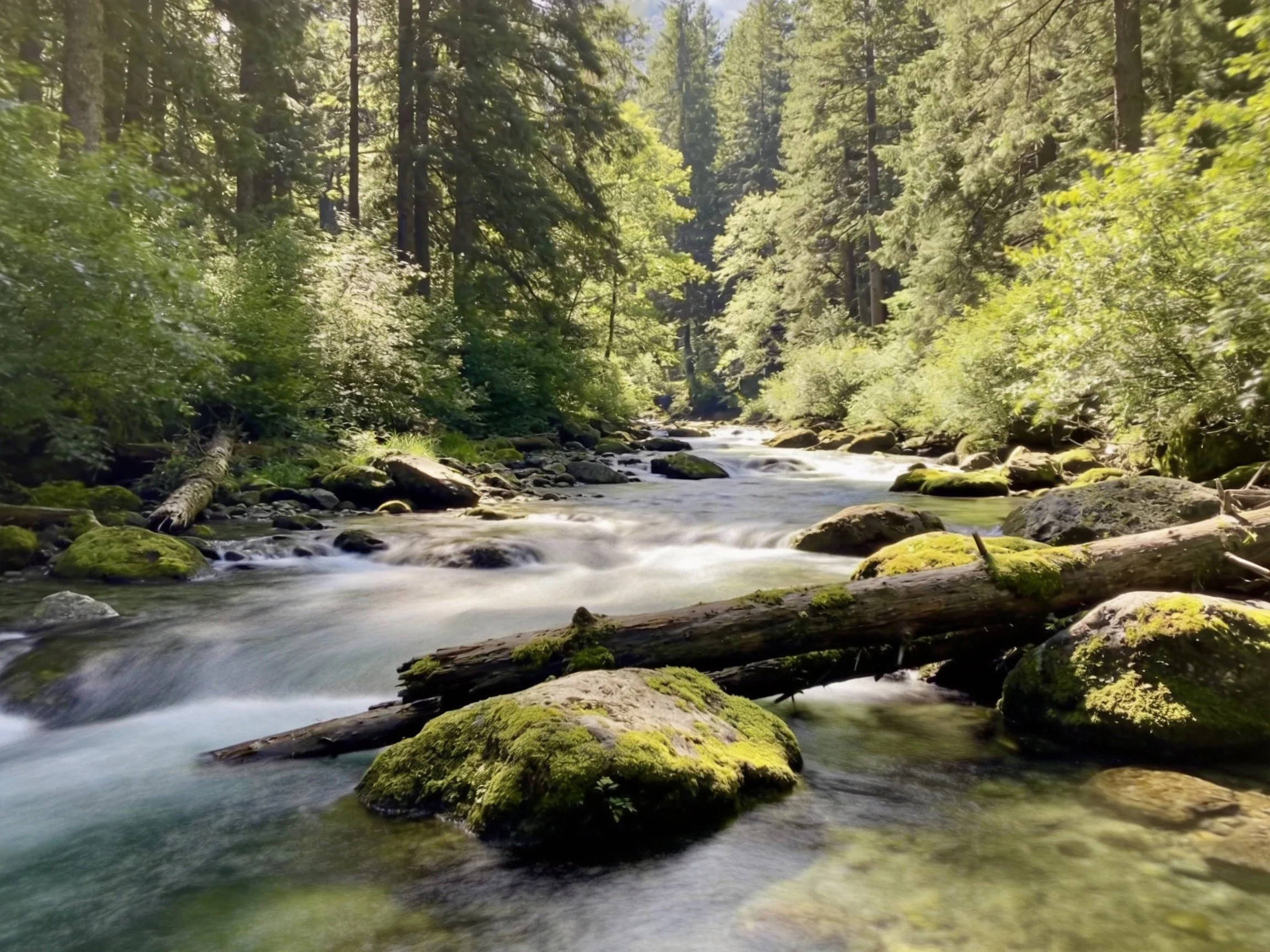A lush forest stream with moss-covered rocks and tall evergreens