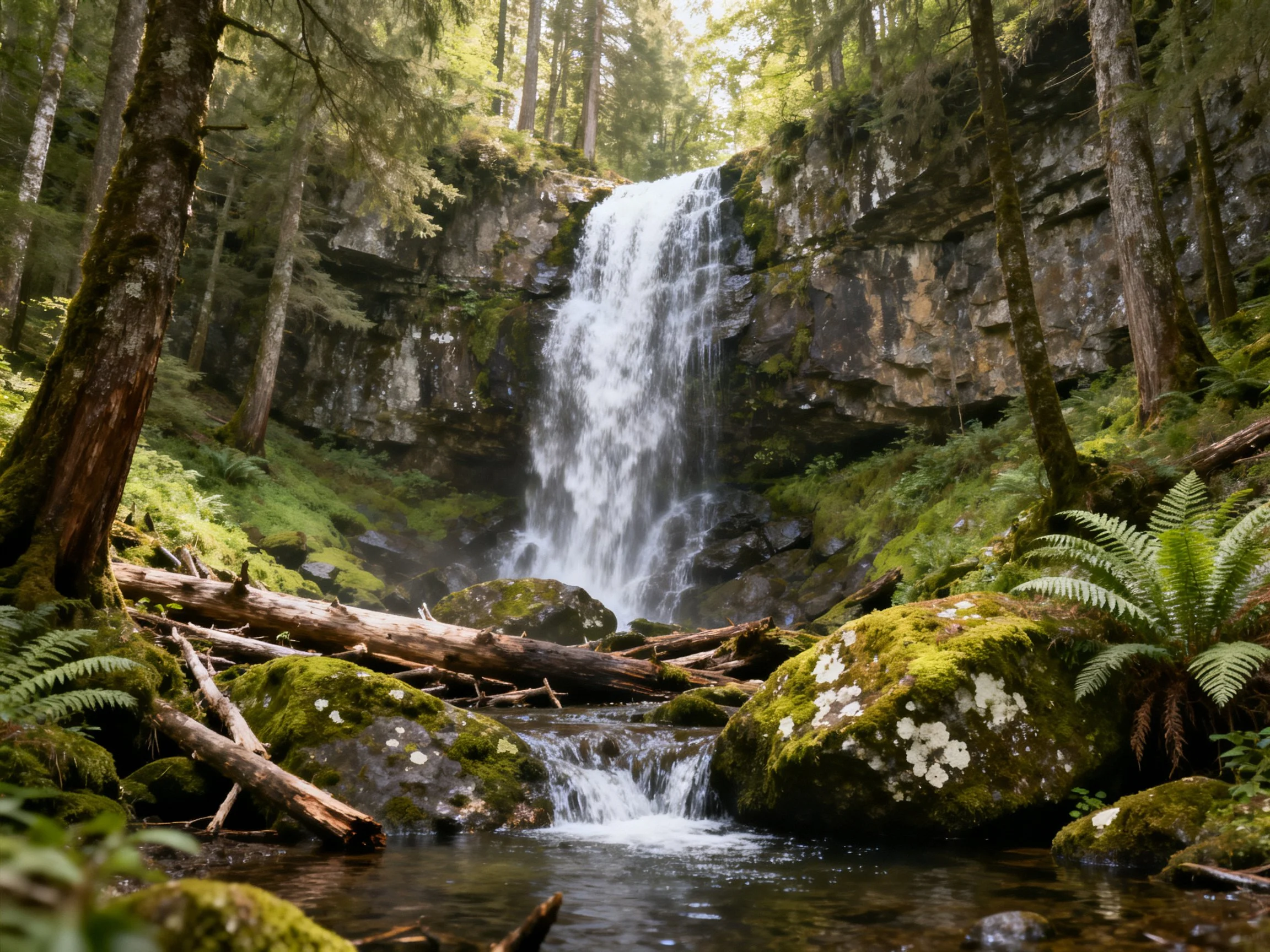 A lush forest waterfall with moss-covered rocks and fallen logs