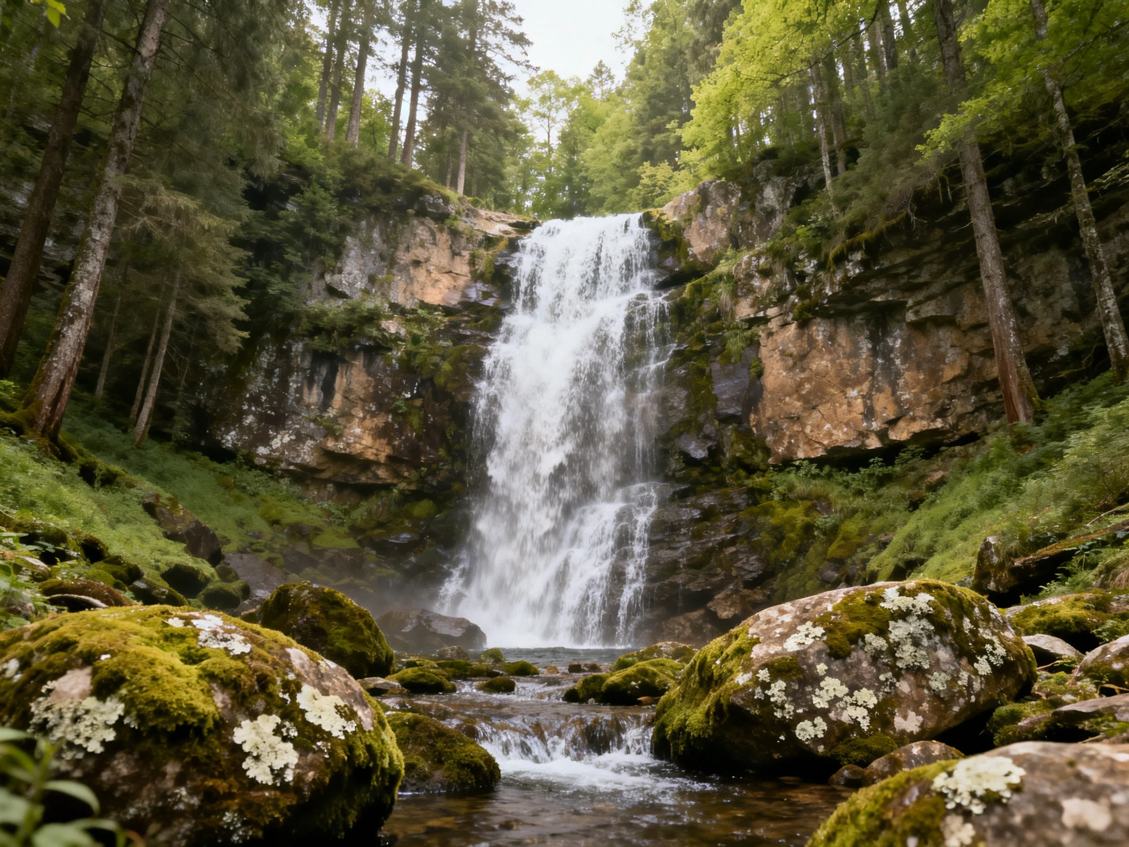 A lush forest waterfall with moss-covered rocks and towering trees