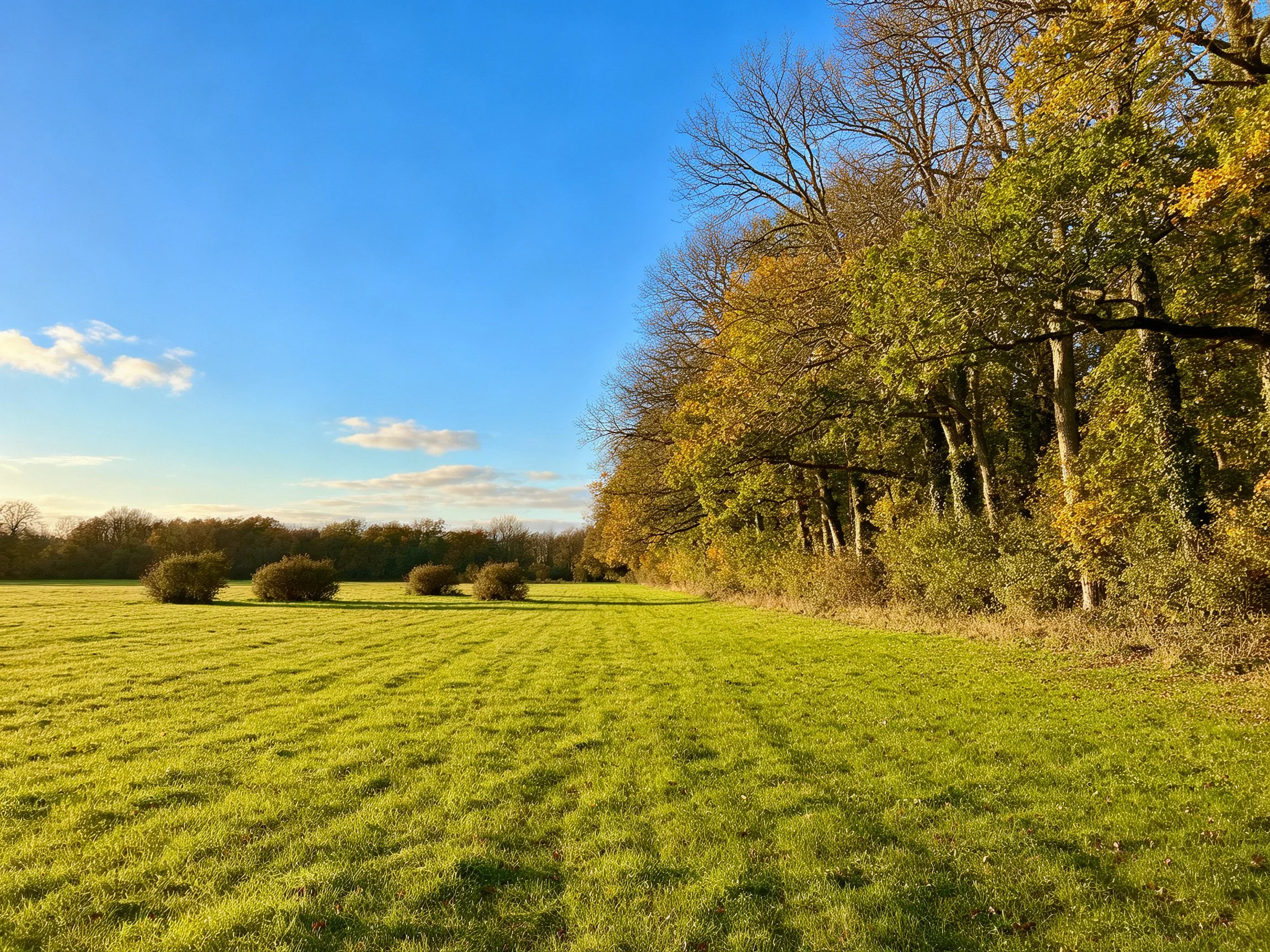 A lush green field bordered by autumn-colored trees under clear blue sky