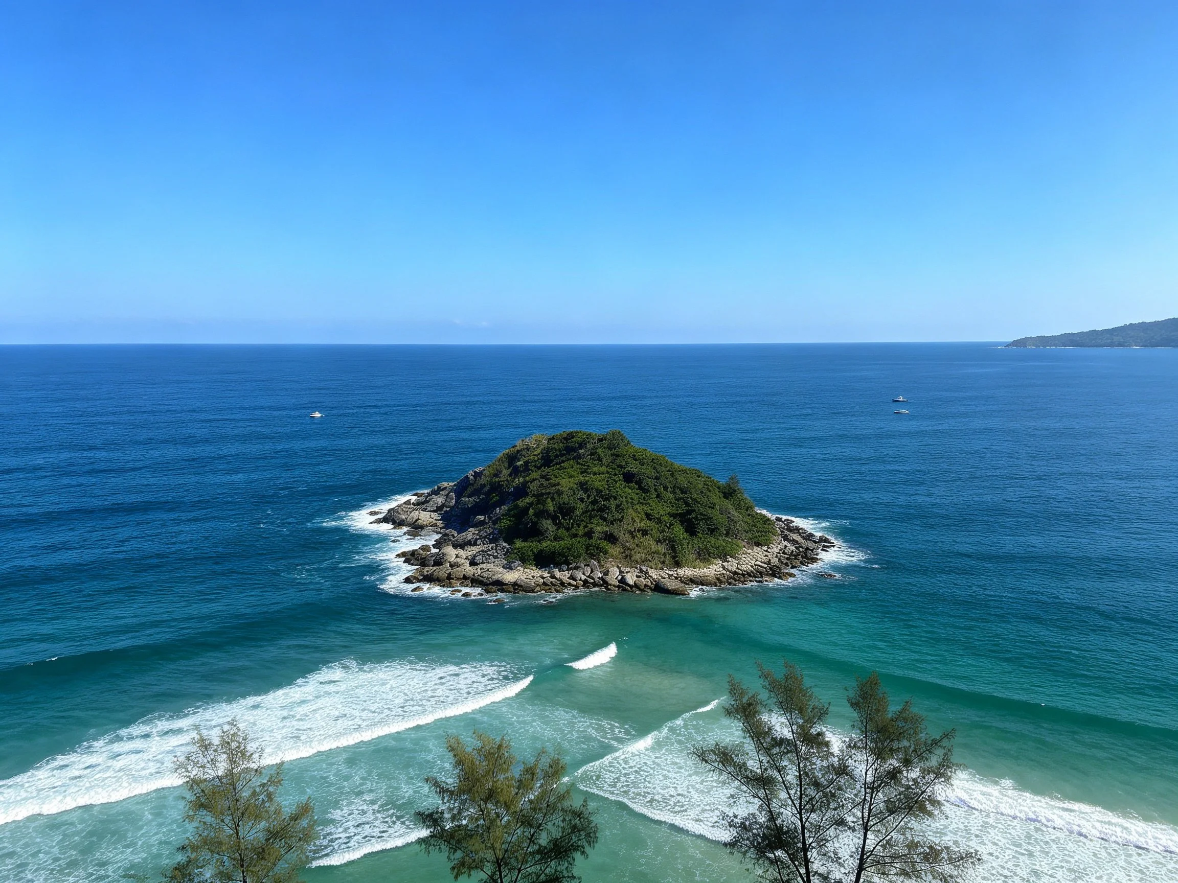 A lush green island surrounded by turquoise waters under clear blue skies