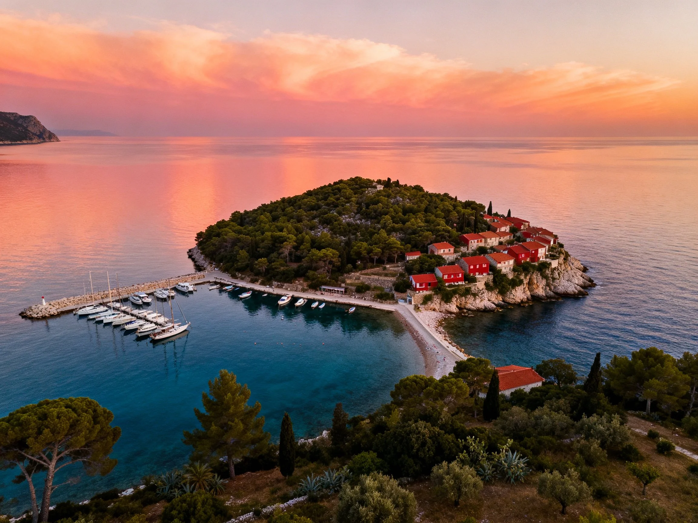 A lush green island with red-roofed homes, marina, and pink sunset sky