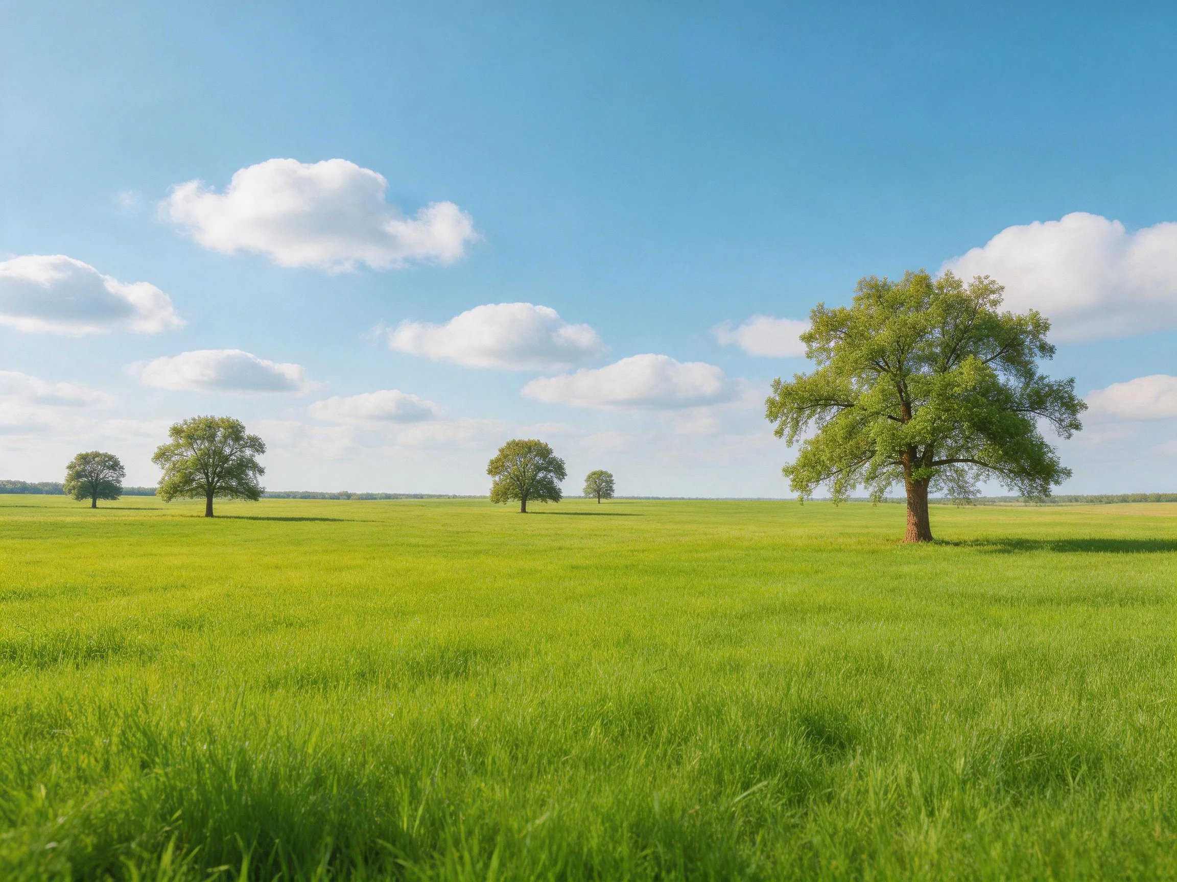 A lush green meadow with scattered trees under bright blue sky