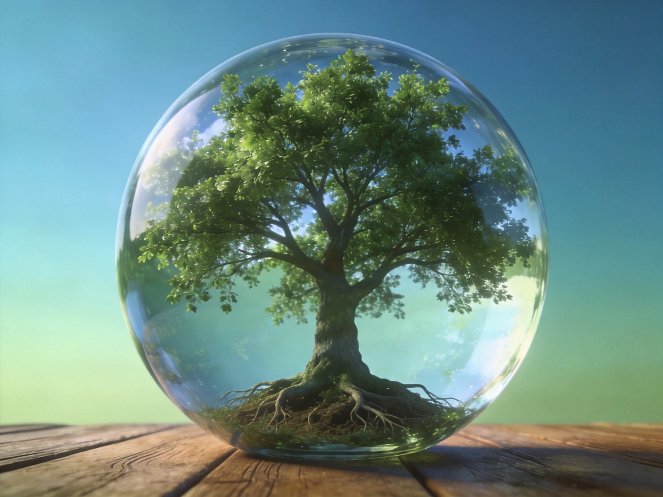 A lush green tree enclosed in a transparent glass sphere