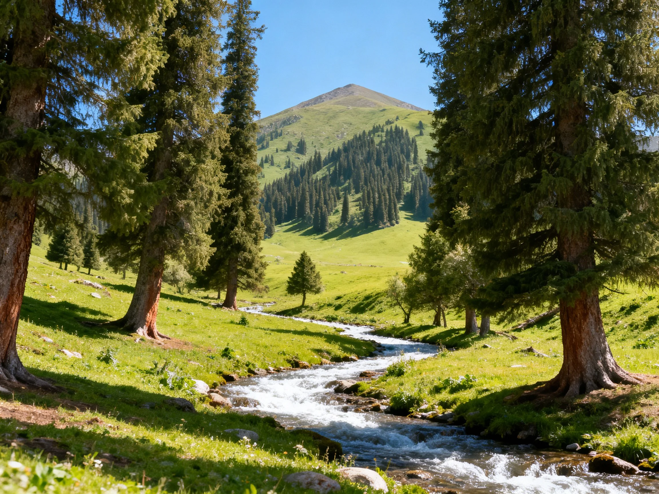 A lush green valley with a rushing stream and tall evergreen trees near a mountain peak