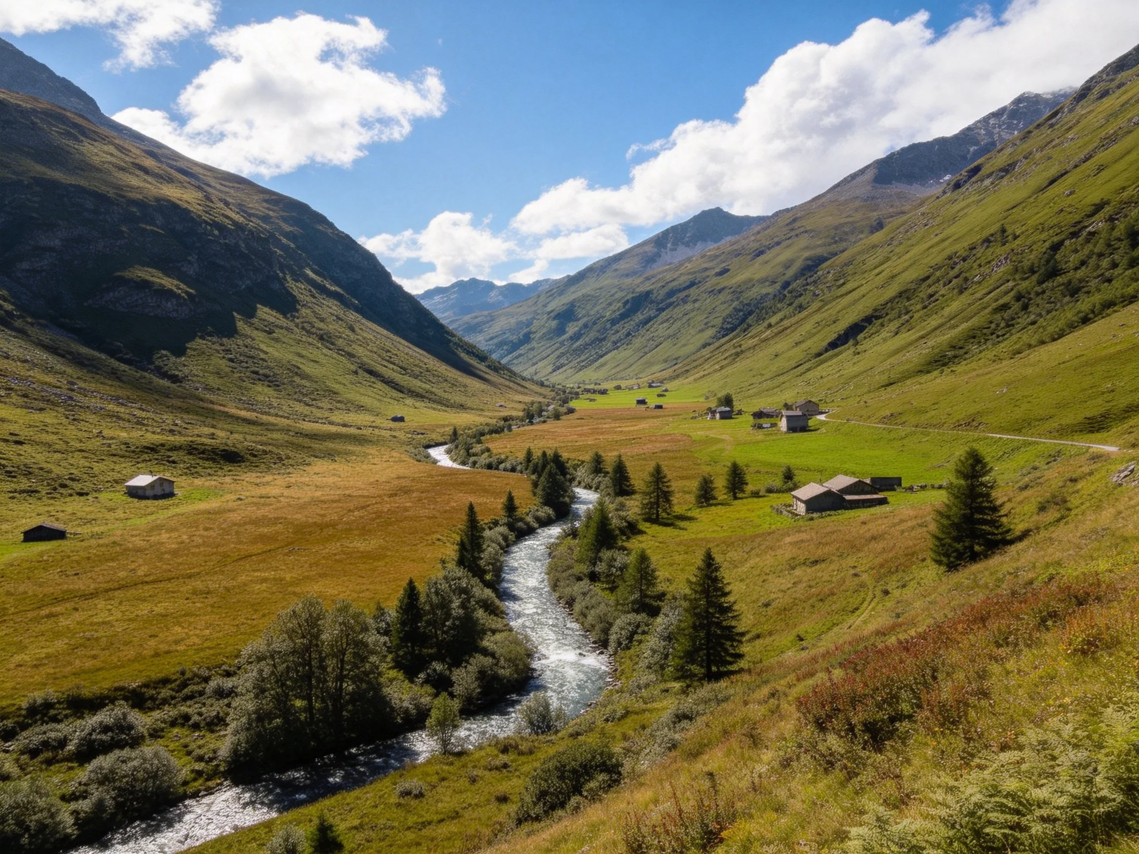 A lush mountain valley with winding stream and scattered cabins