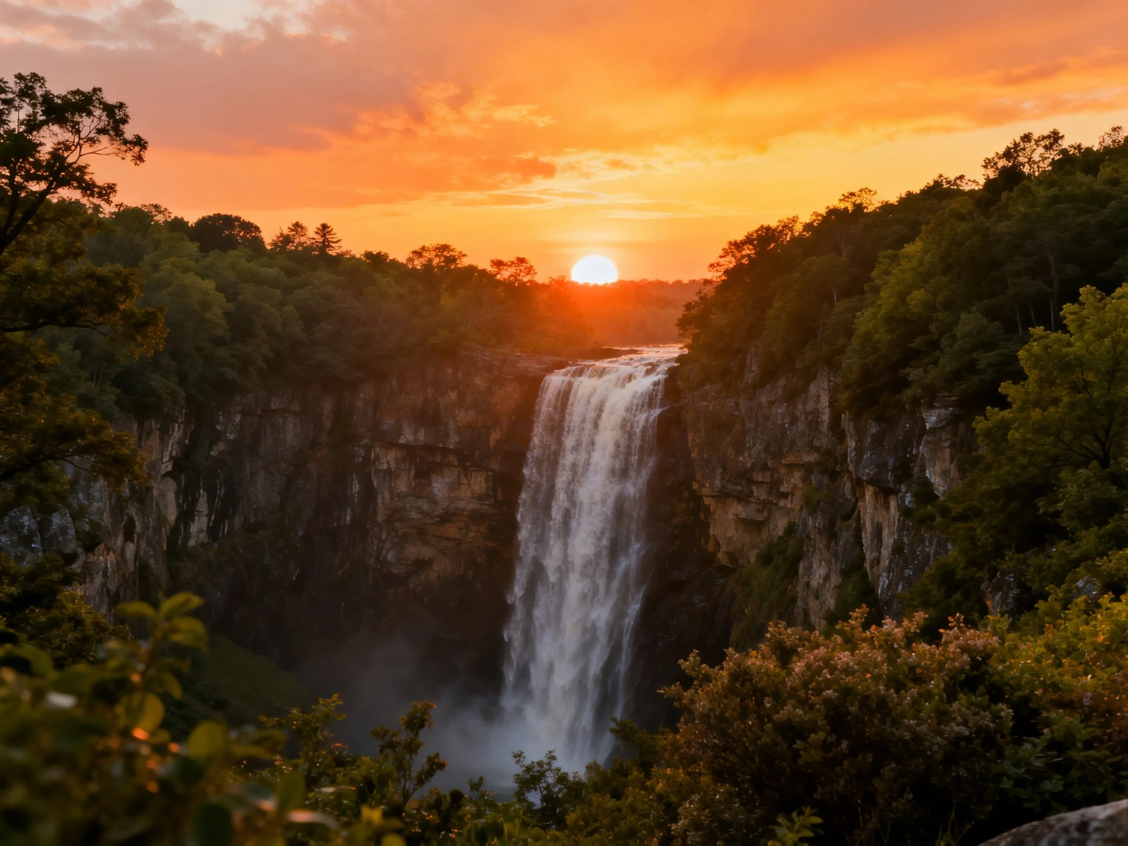 A magnificent waterfall drops over cliffs beneath a glowing sunset sky