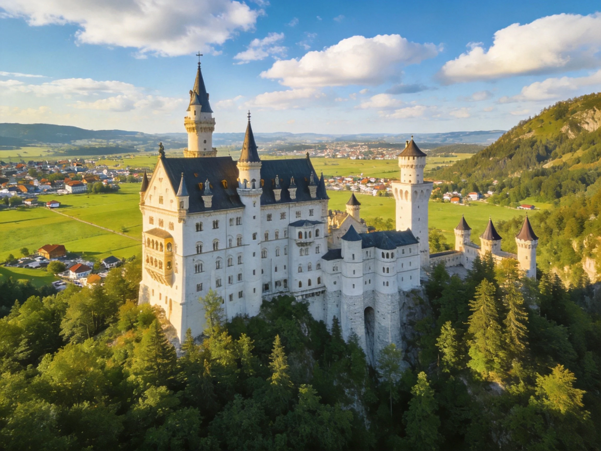 A magnificent white castle atop a forested hillside under blue skies