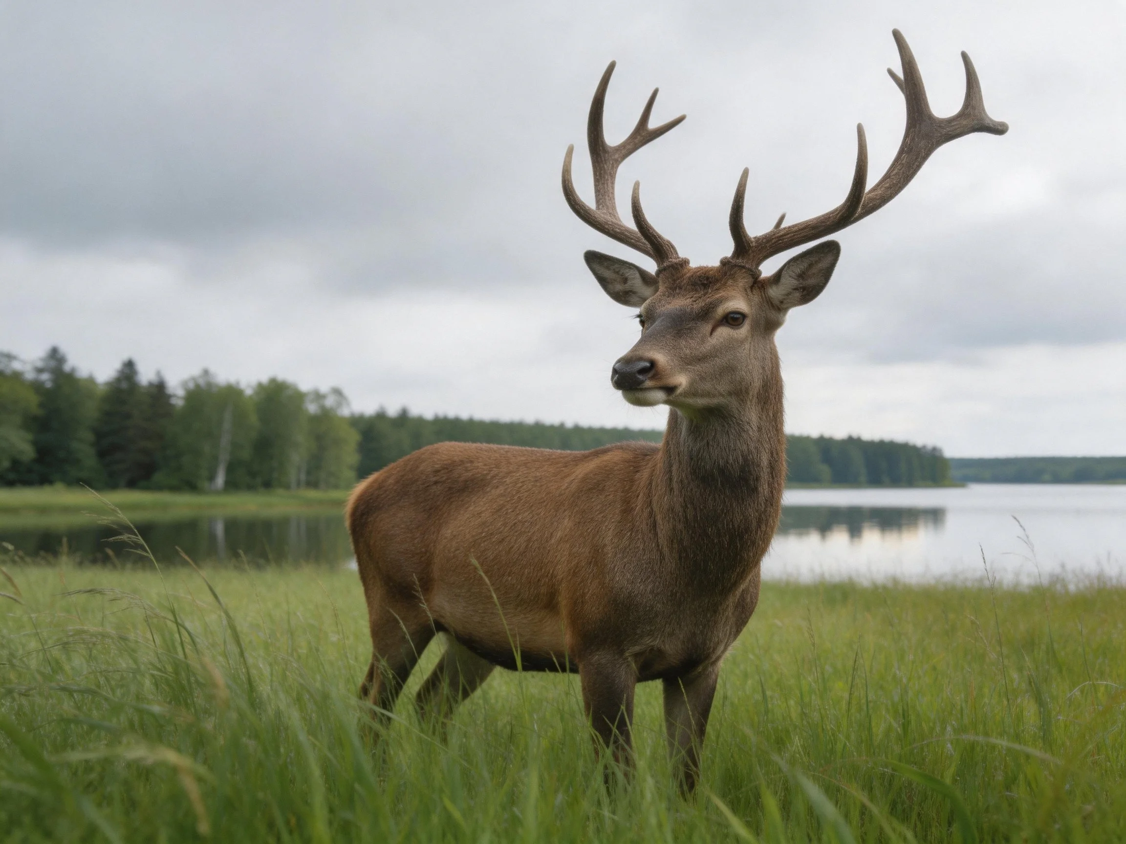 A majestic brown deer with large antlers stands in tall green grass near a calm lake